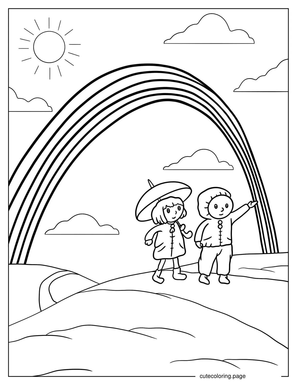 Two Children Walking Under Rainbow To Color coloring page