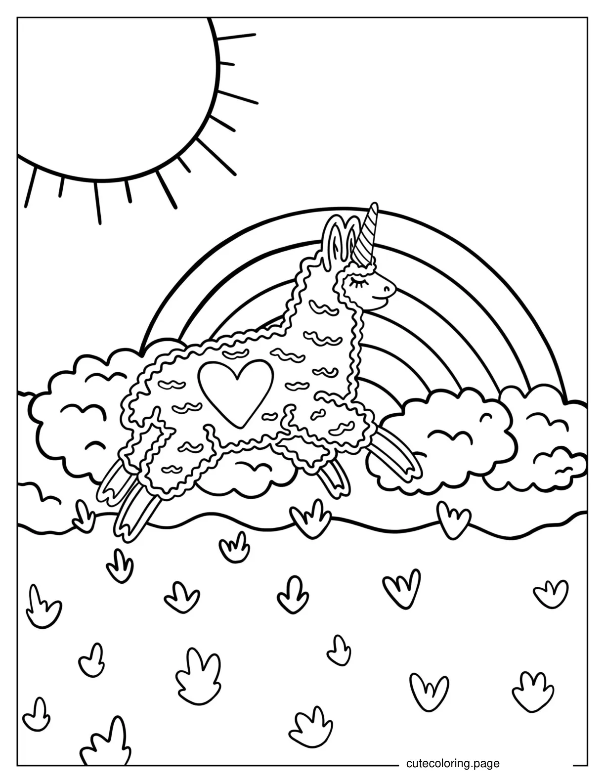 Unicorn Llama Jumping Over Rainbow coloring page