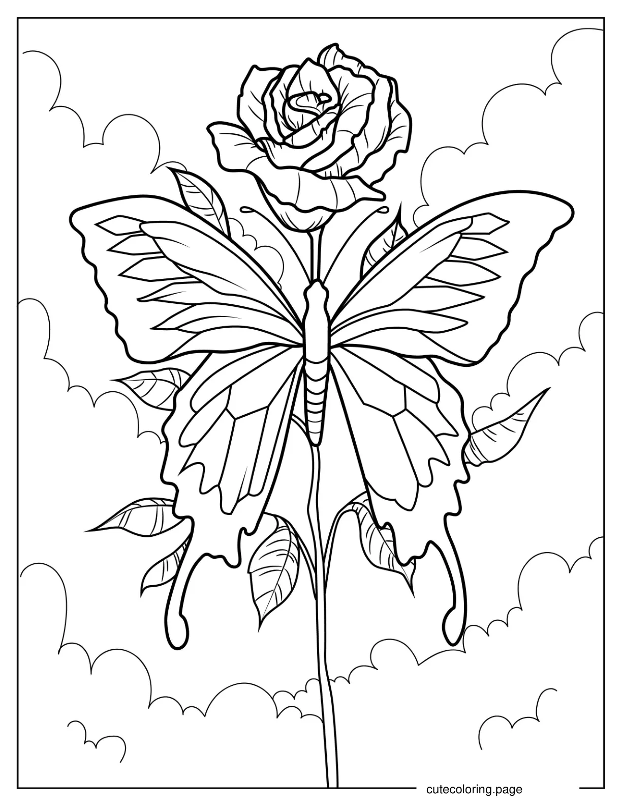 Butterfly Resting On Rose Stem coloring page