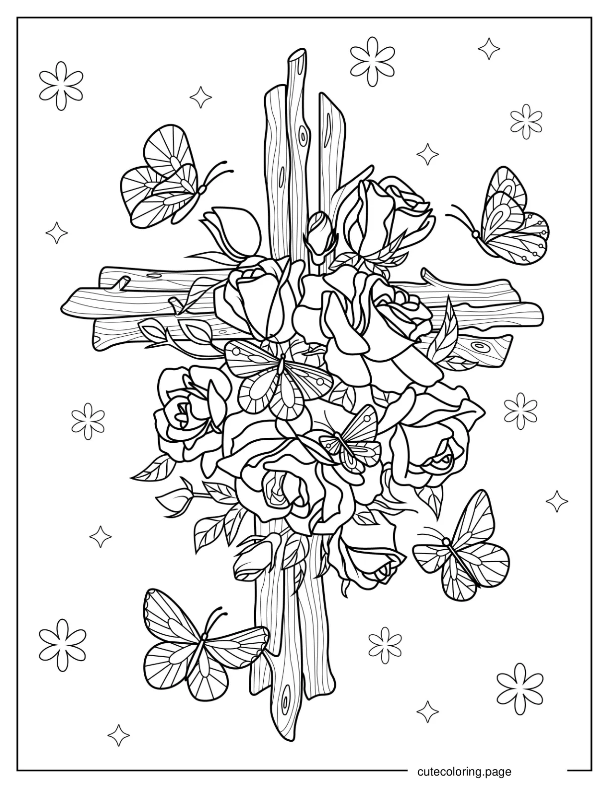 Wooden Cross With Roses To Color coloring page