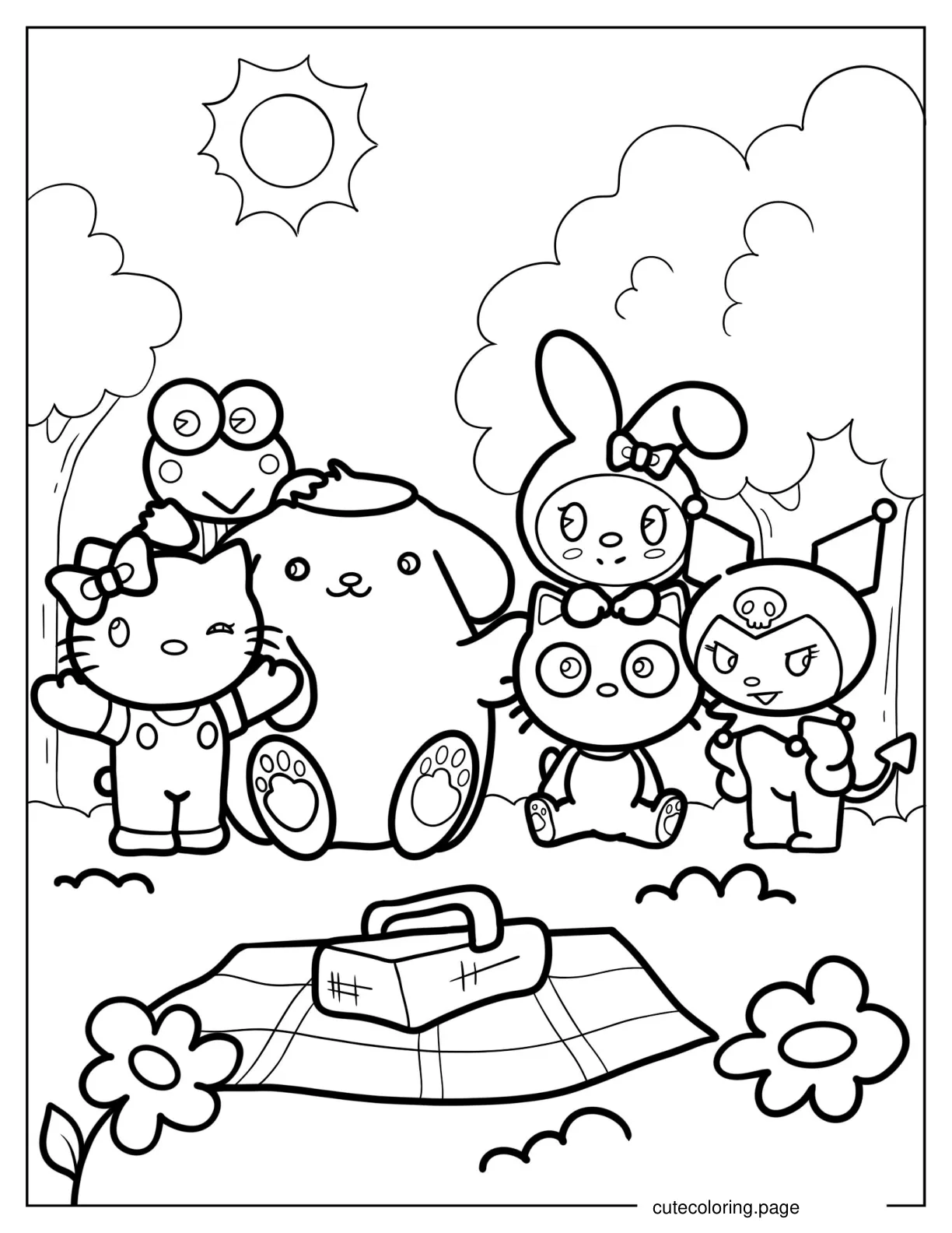 Coloring Sheet Of Sanrio Friends On A Picnic coloring page