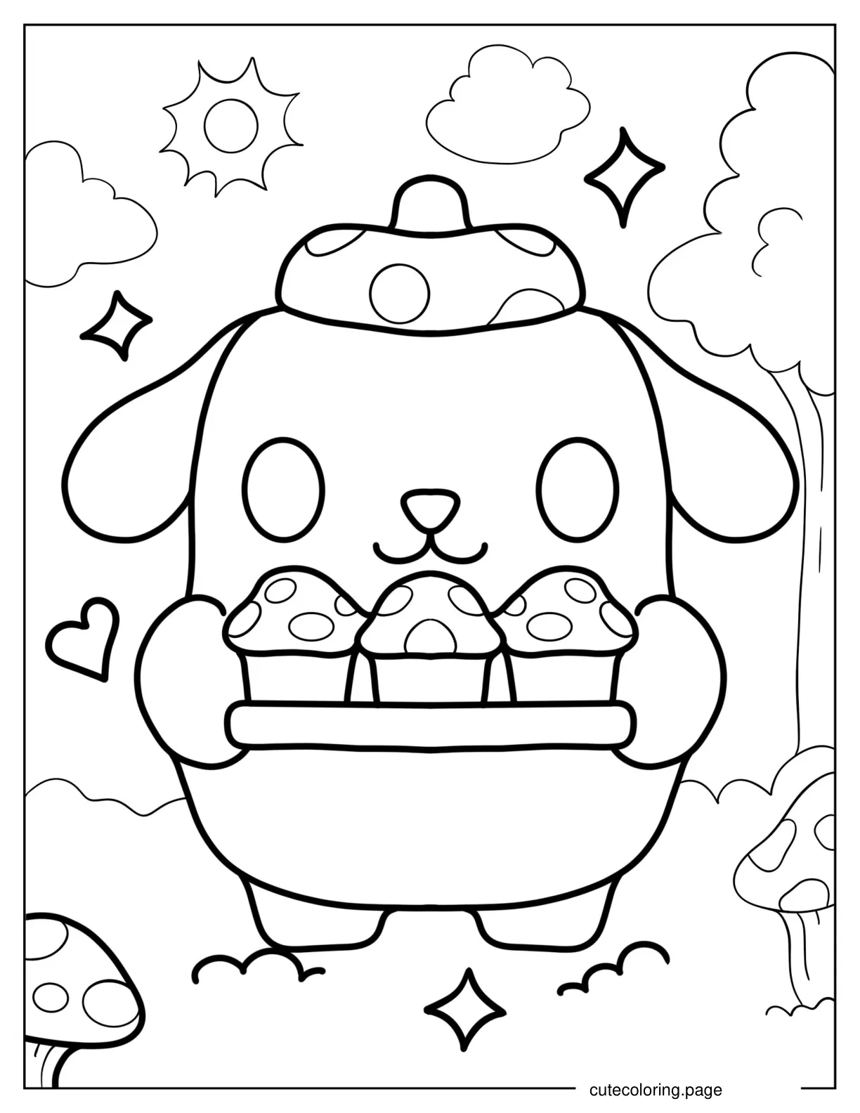 Cute Pompompurin Carrying Mushroom Cupcakes Coloring Page coloring page