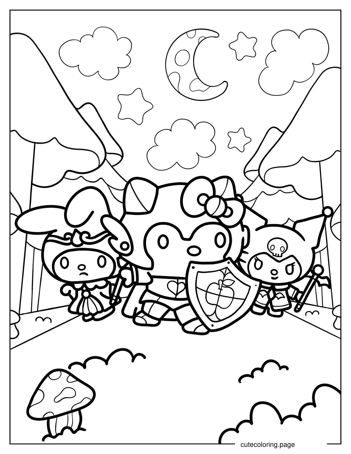 Hello Kitty Knight Sorcerer My Melody And Witch Kuromi coloring page