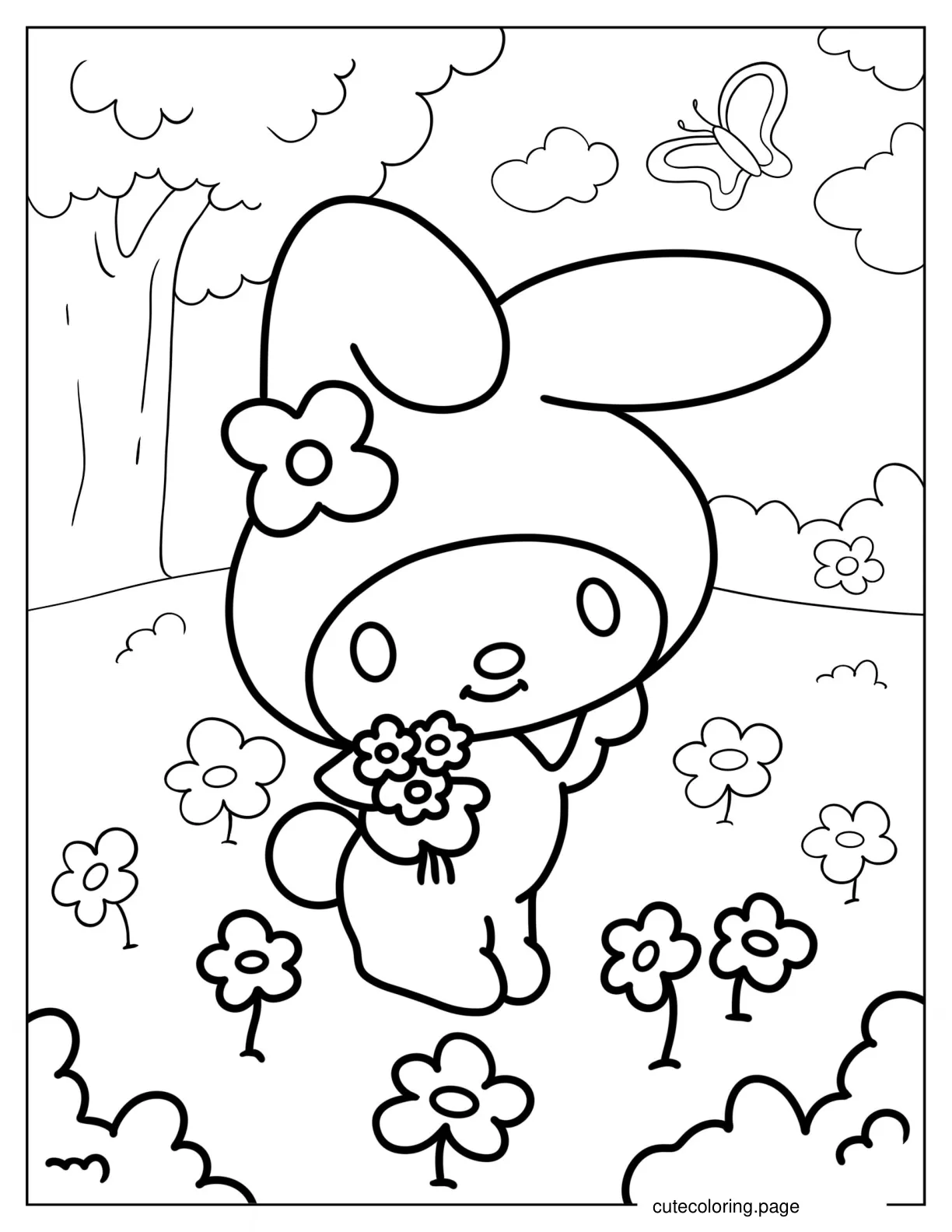 My Melody Picking Flowers Coloring Page coloring page