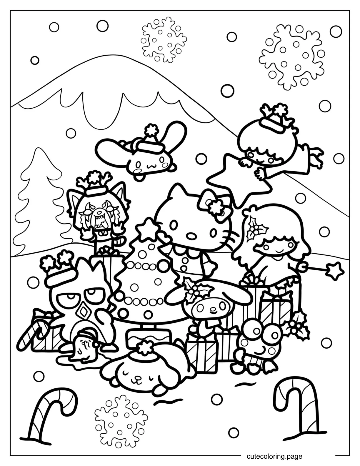 Sanrio Friends Decorating Christmas Tree Coloring Sheet coloring page