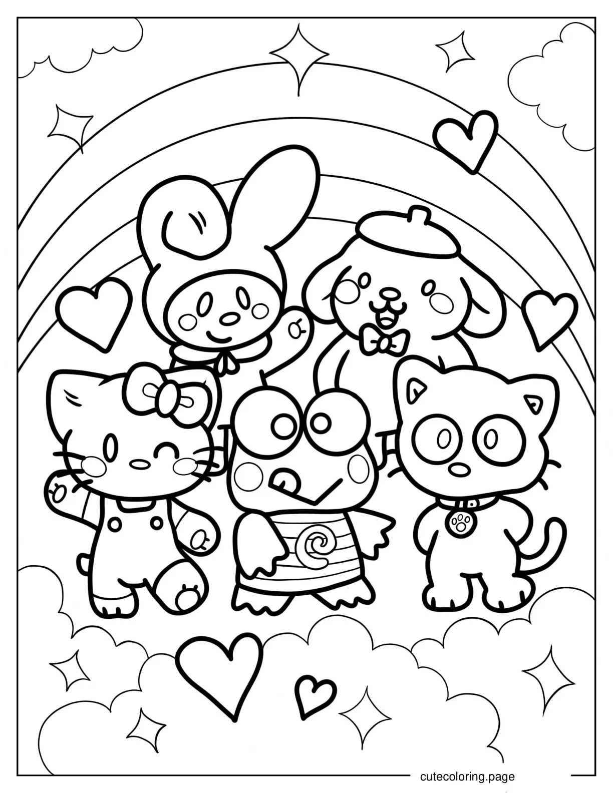 Sanrio Friends In Front Of Rainbow Coloring Page coloring page