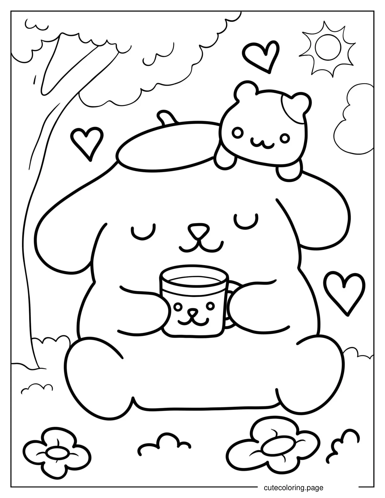 Sanrio Pompompurin Drinking Tea With Muffin coloring page