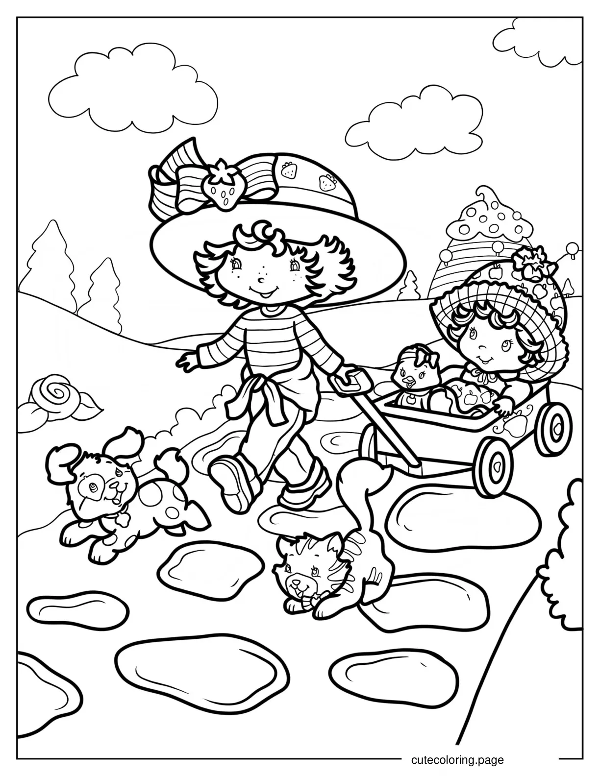 Strawberry Shortcake Pulling Apple Dumplin_ In A Cart coloring page