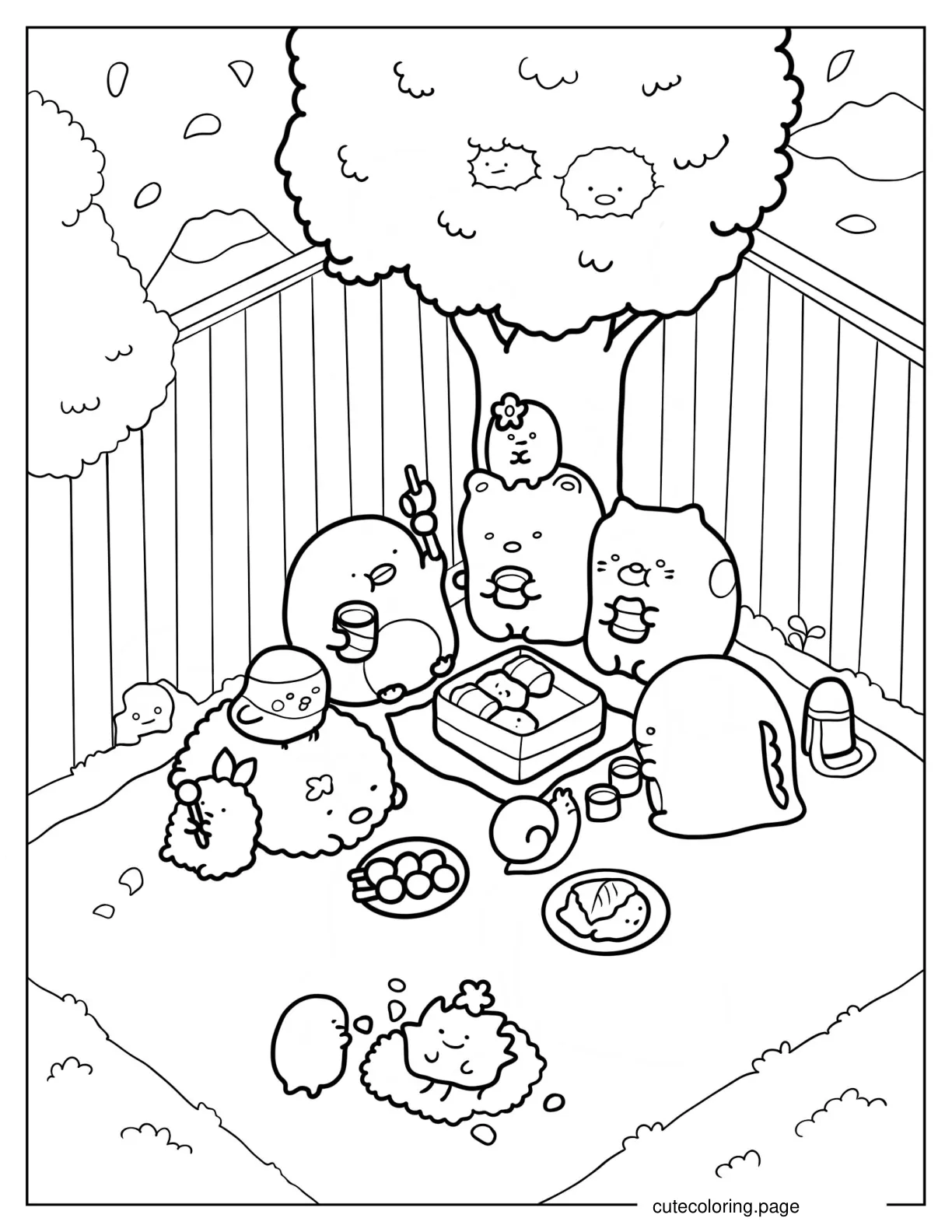 Sumikko Gurashi Backyard Picnic With Minnikos Coloring Page coloring page