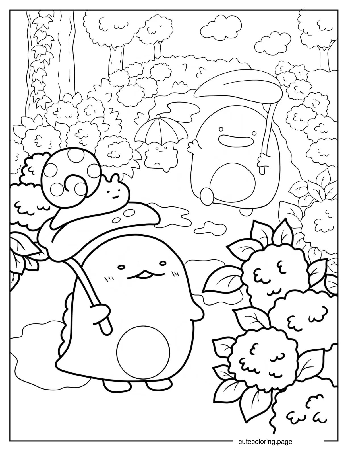 Tokage With Penguin And Minnikos Under The Rain Coloring Page coloring page