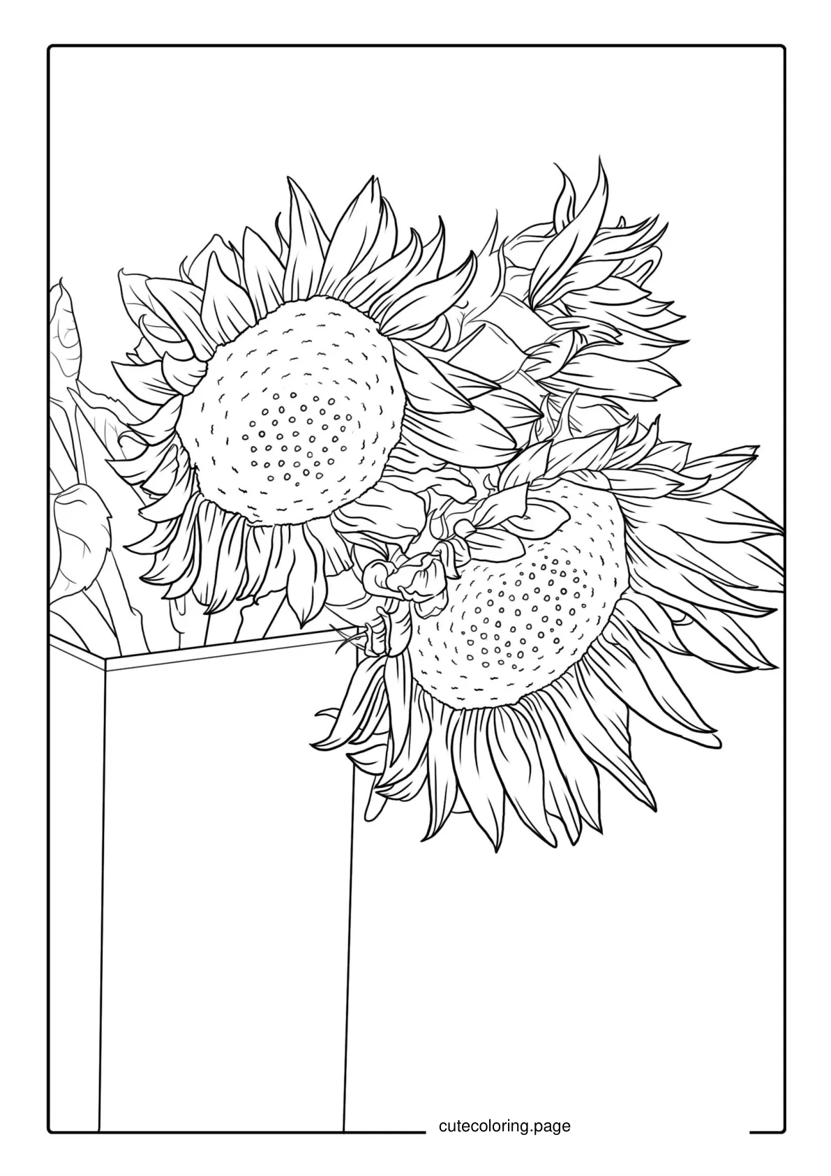 Detailed Sunflowers In Vase For Adults coloring page