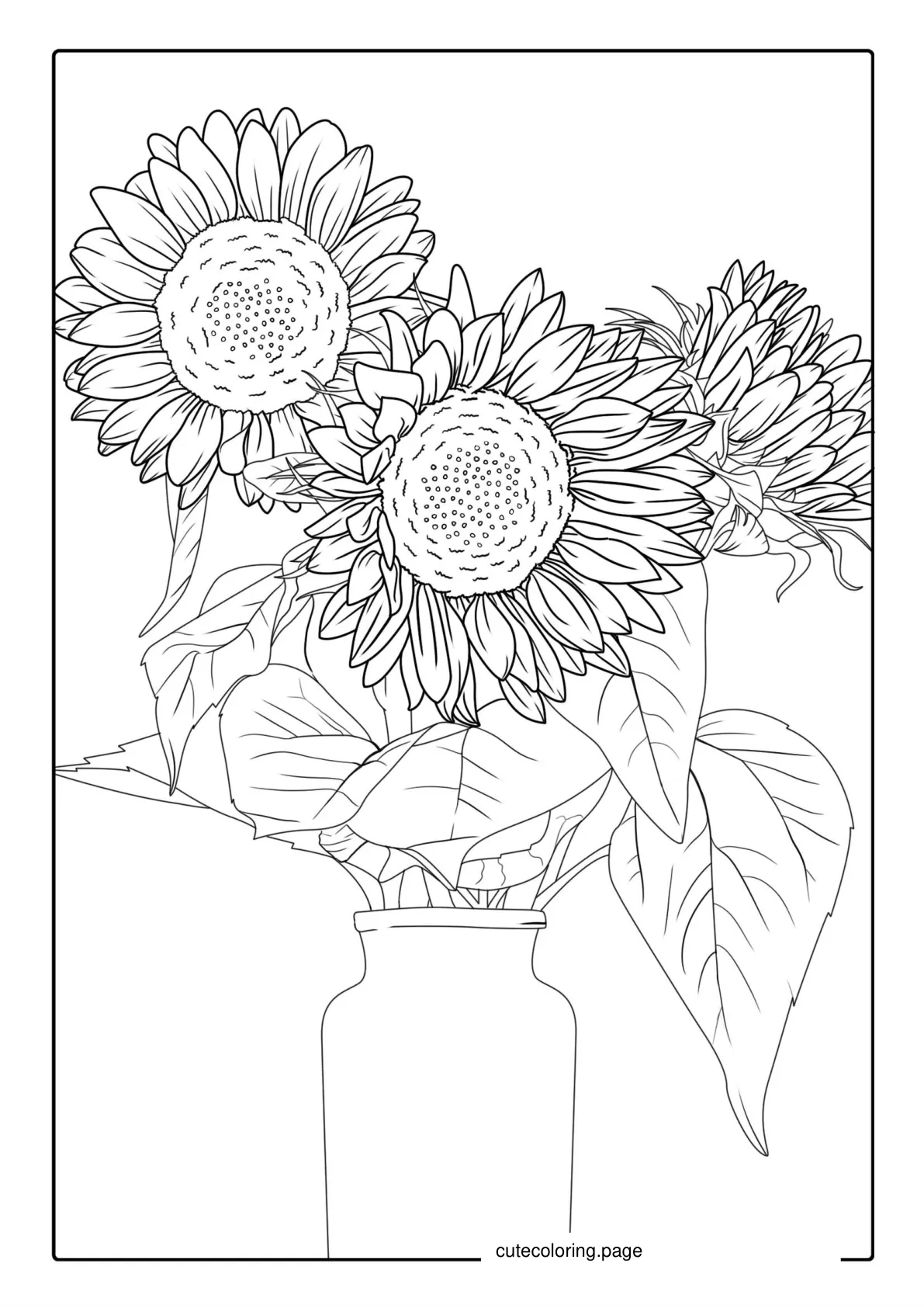 Detailed Sunflowers In Vase For Coloring coloring page