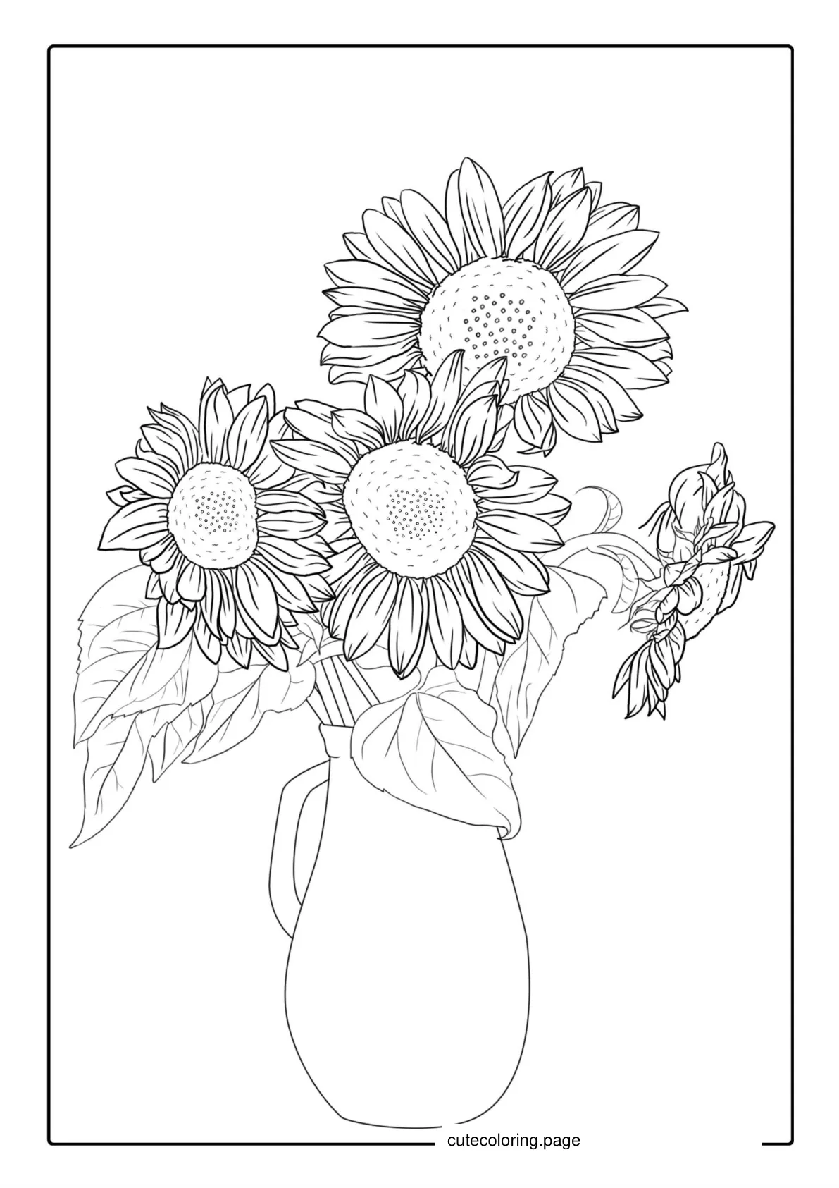 Four Beautiful Sunflowers In Vase For Coloring  coloring page