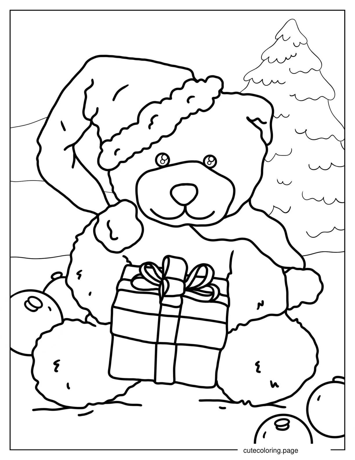 Christmas Teddy Bear With Santa Hat And Present coloring page