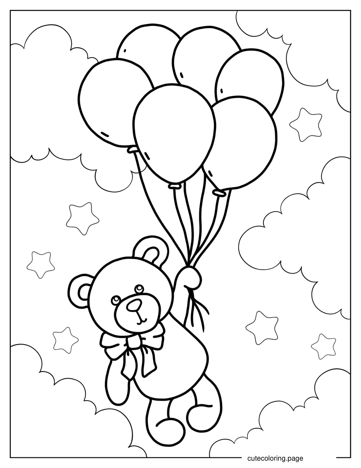 Teddy Bear Floating In Sky With Balloons coloring page