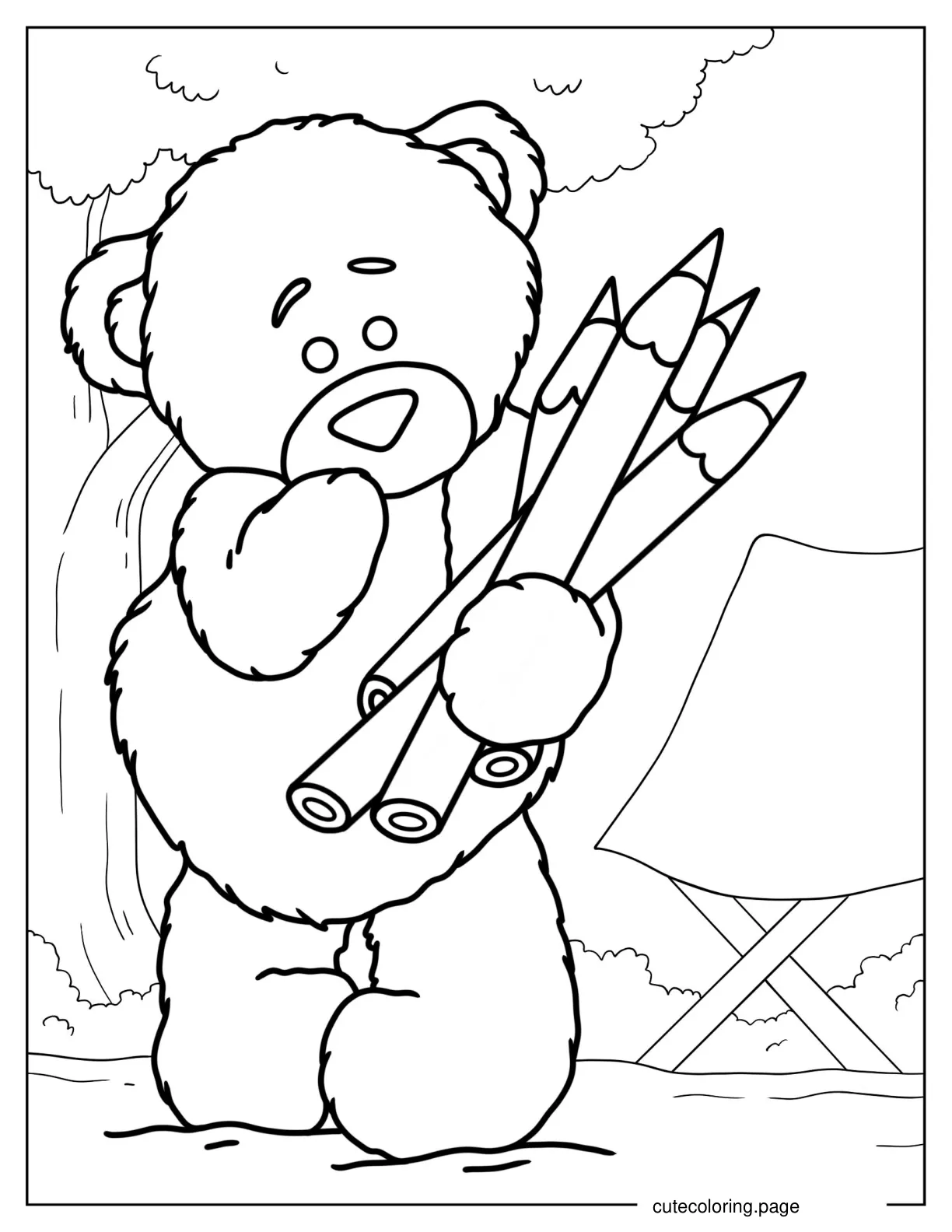 Teddy Bear Holding Coloring Pencils coloring page