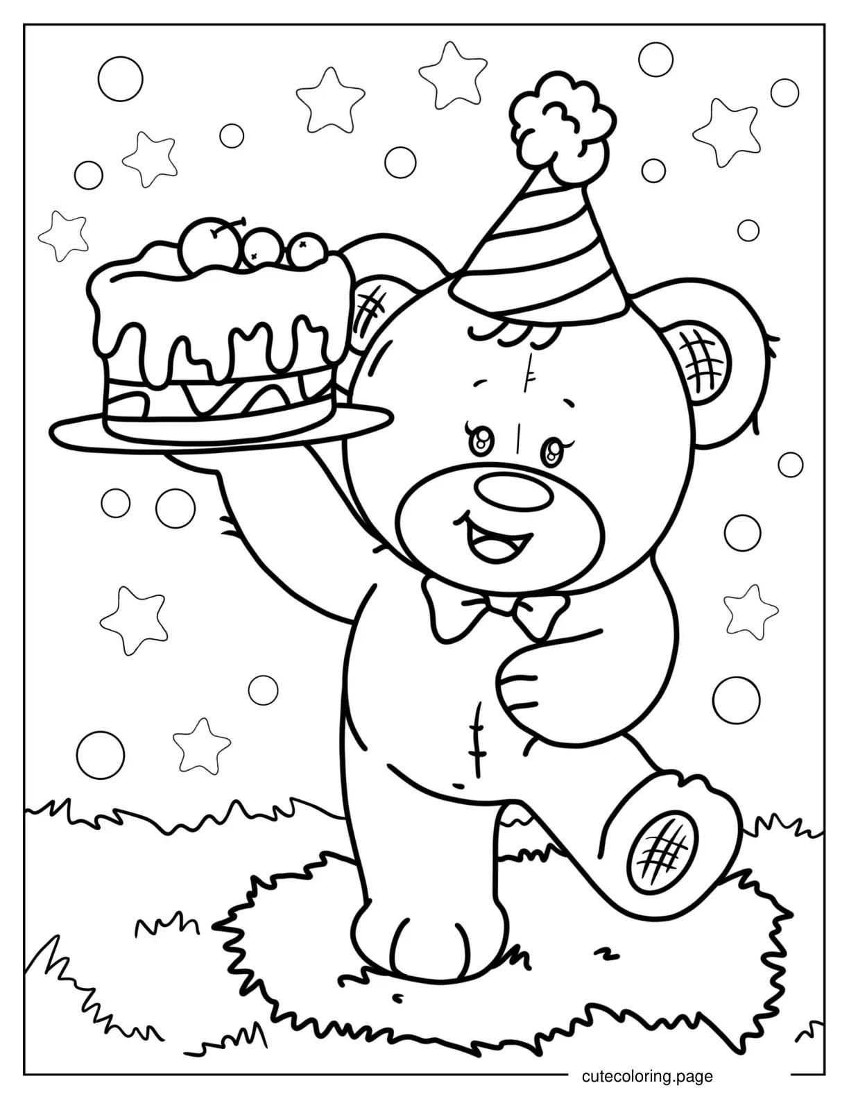 Teddy Bear Holding a Cake For Birthday coloring page