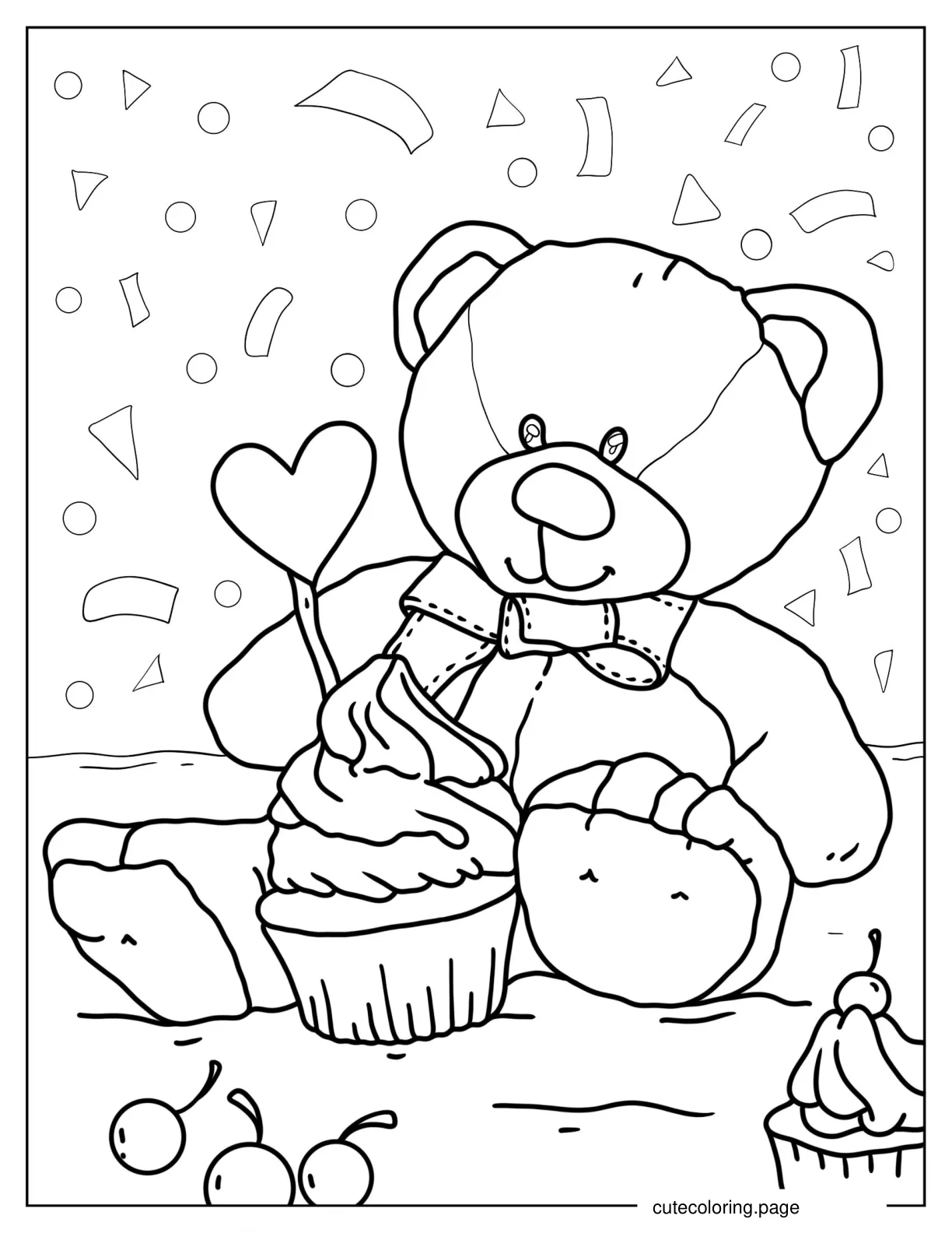 Teddy Bear With Birthday Cupcake coloring page