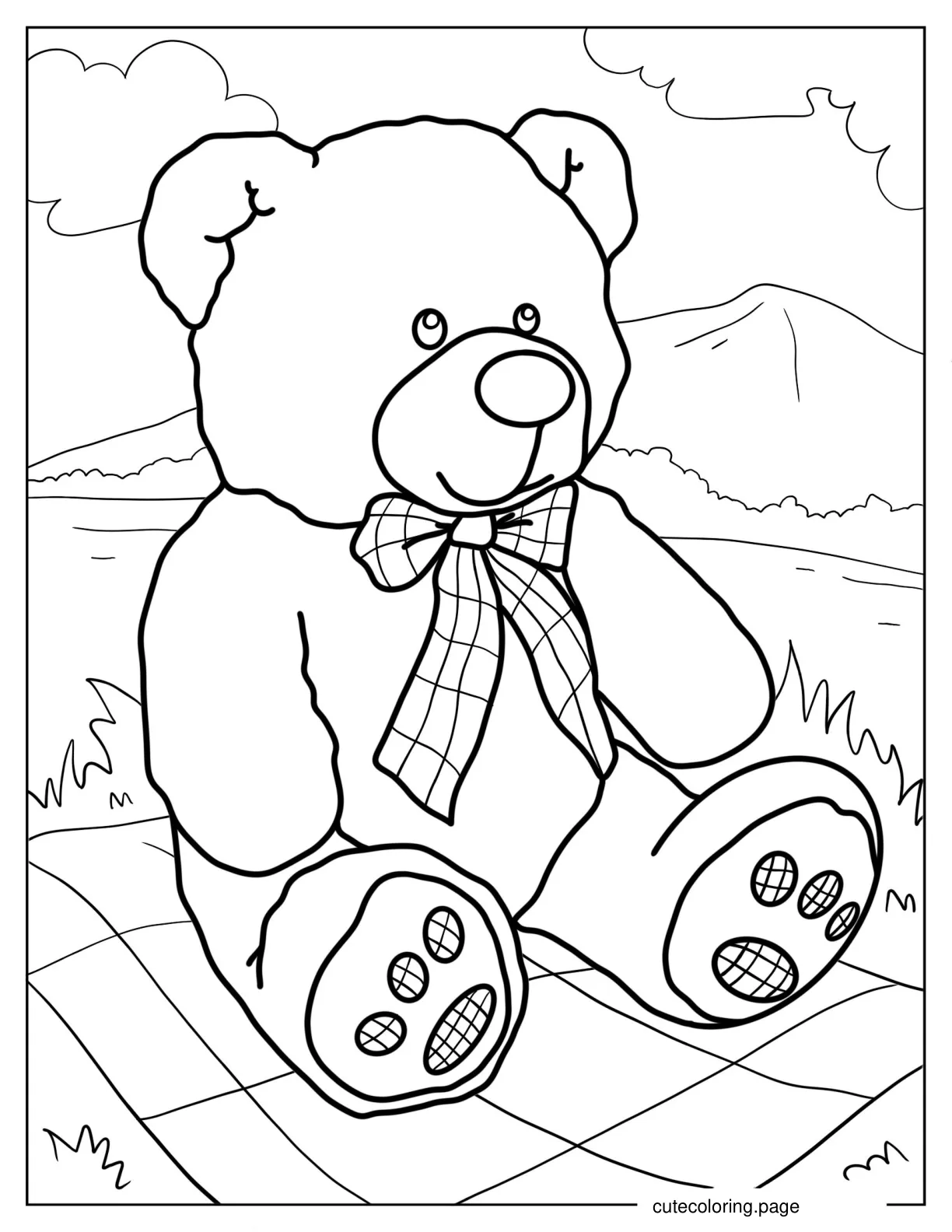 Teddy Bear With Bow Tie On Picnic Blanket coloring page