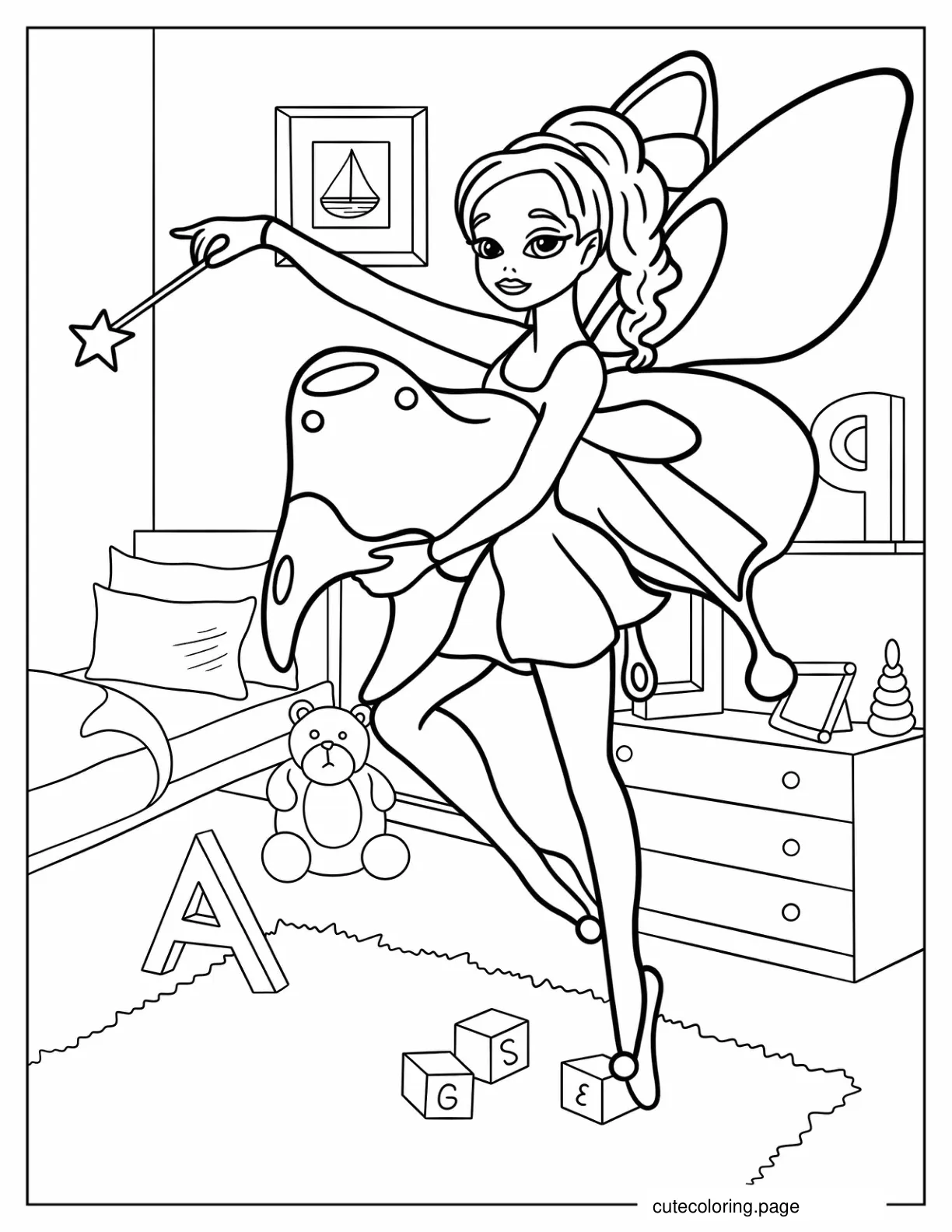 Tooth Fairy With Butterfly Wings Carrying Tooth coloring page