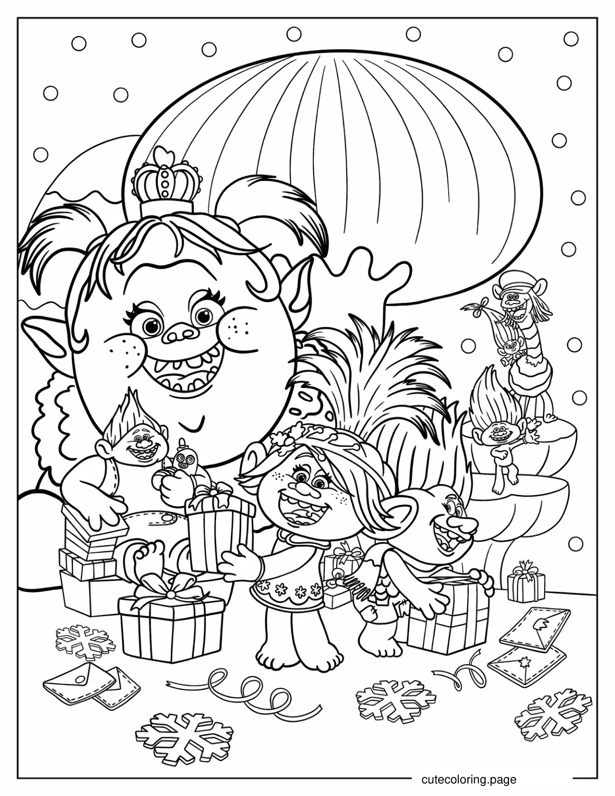 Poppy Bridget and Troll Friends Opening Presents On Christmas coloring page