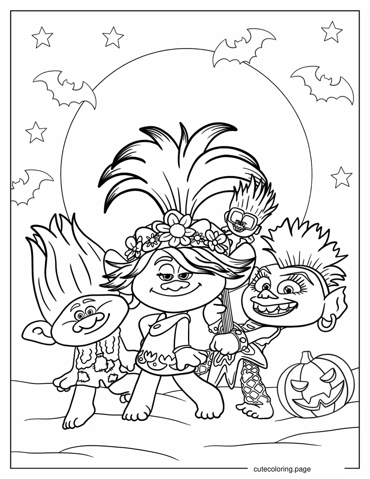 Troll Characters Dancing During Halloween To Color coloring page