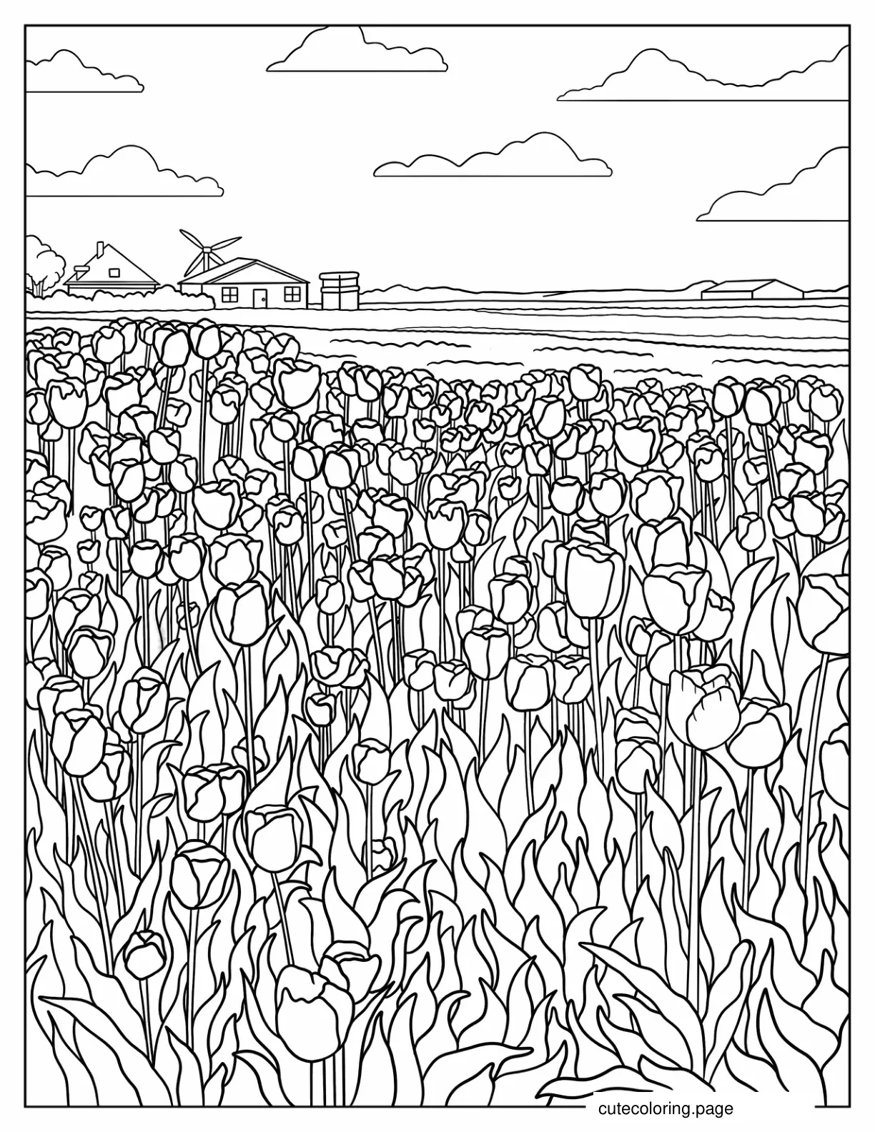 Detailed Tulips Growing In Field With Barn coloring page