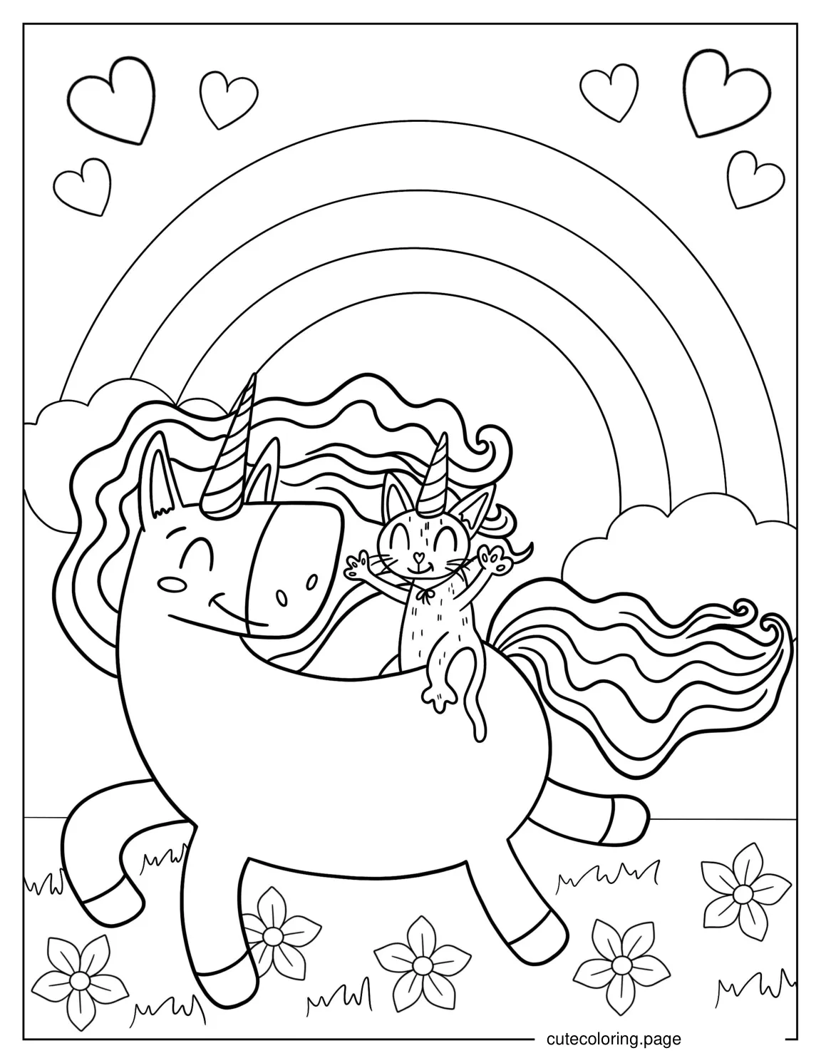 Cat Riding a Unicorn With a Rainbow To Color coloring page