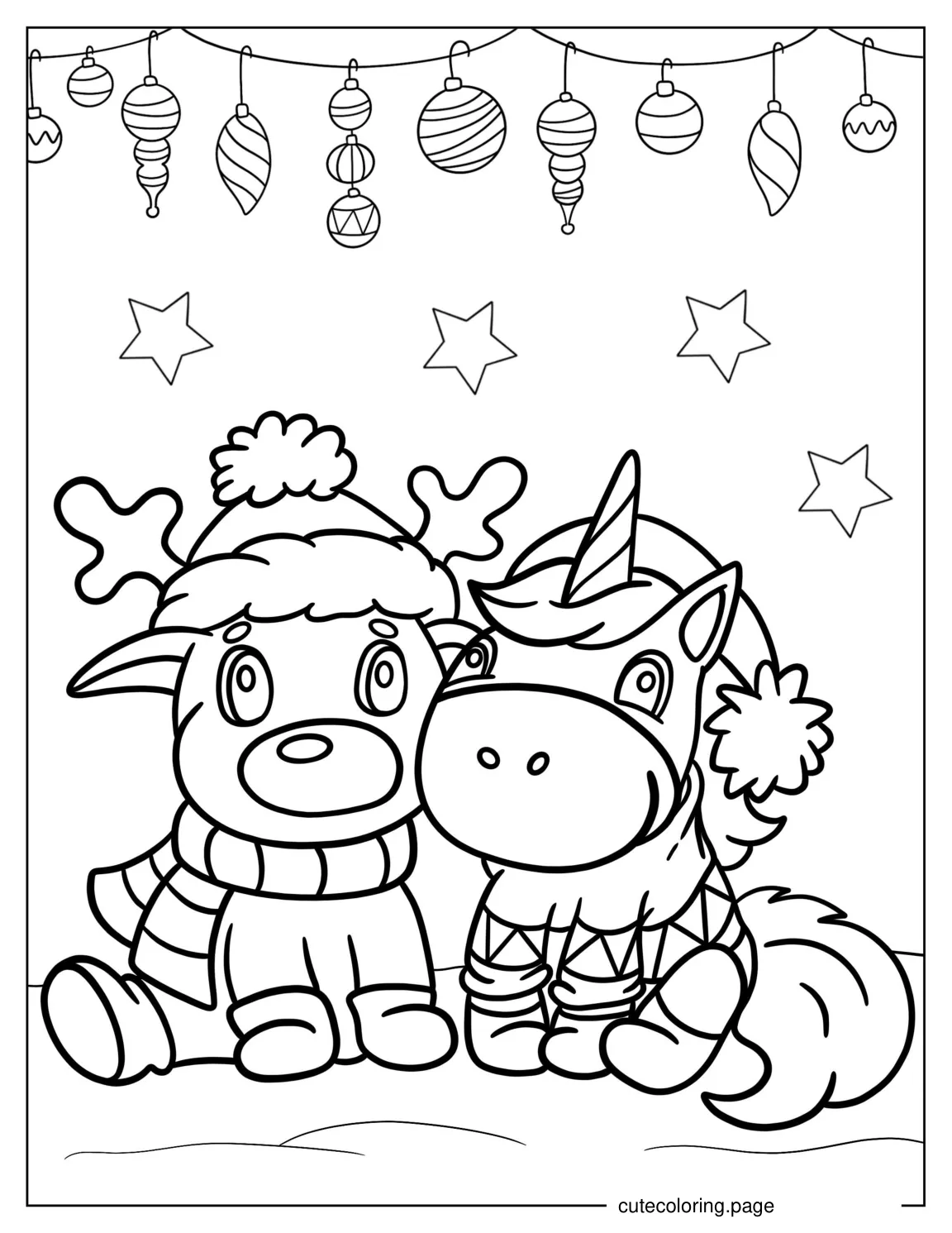 Christmas Unicorn With a Reindeer To Color coloring page