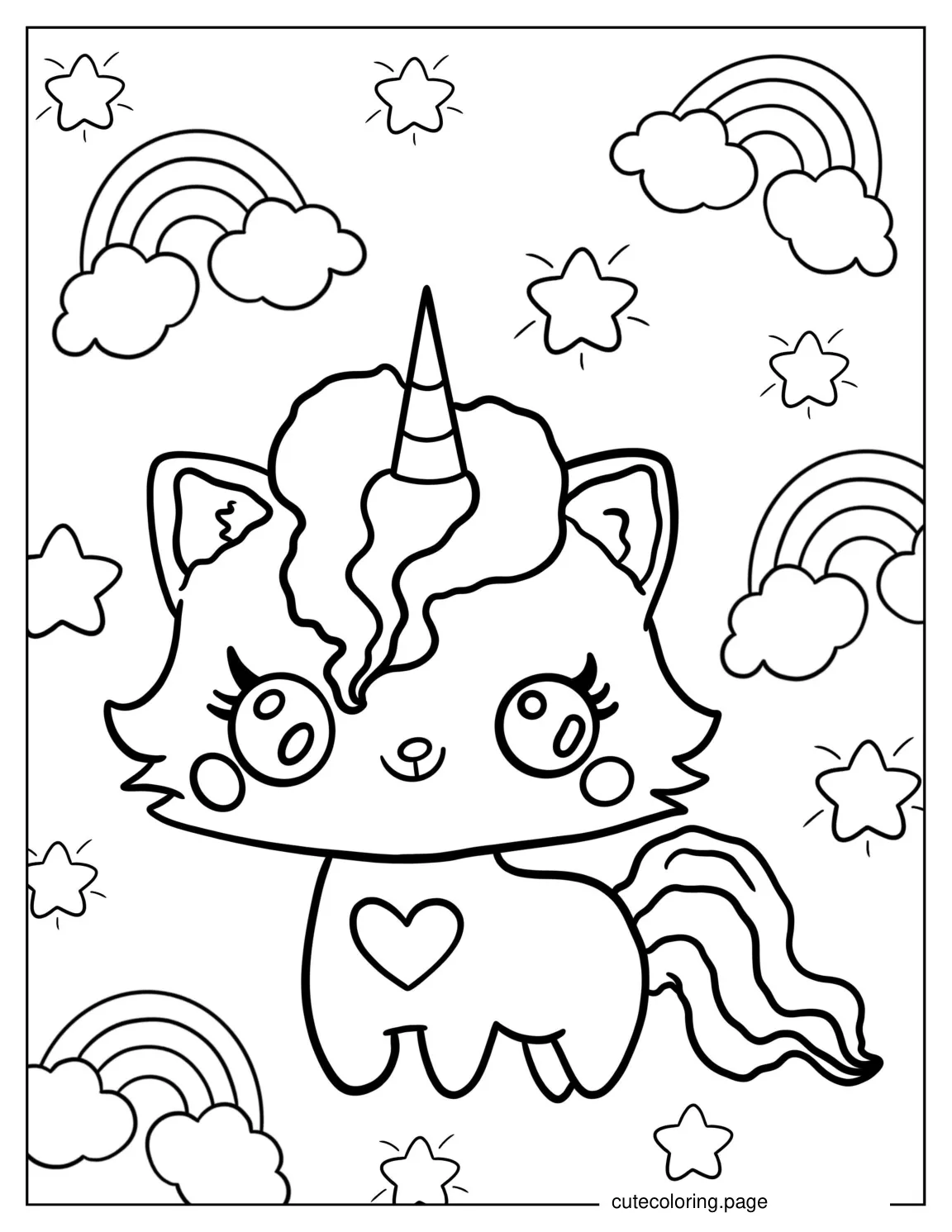 Cute Kawaii Cat With Rainbows To Color coloring page