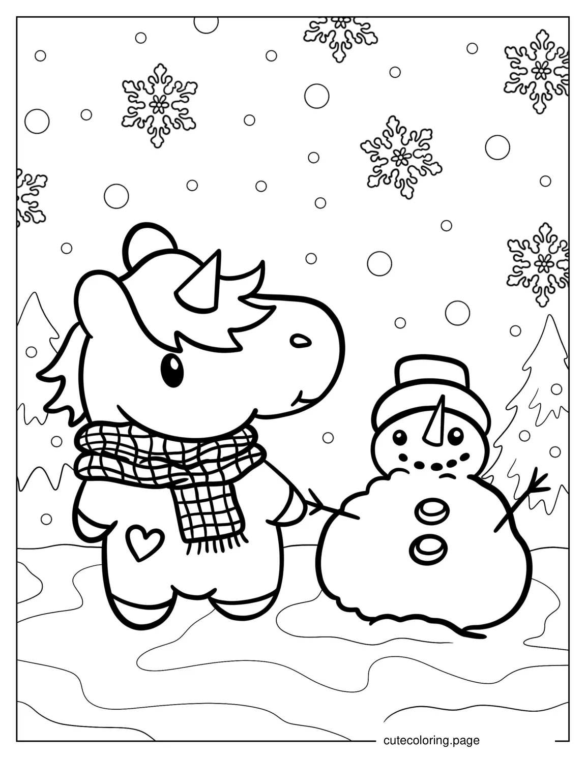 Cute Unicorn Holding Hands With Snowman coloring page