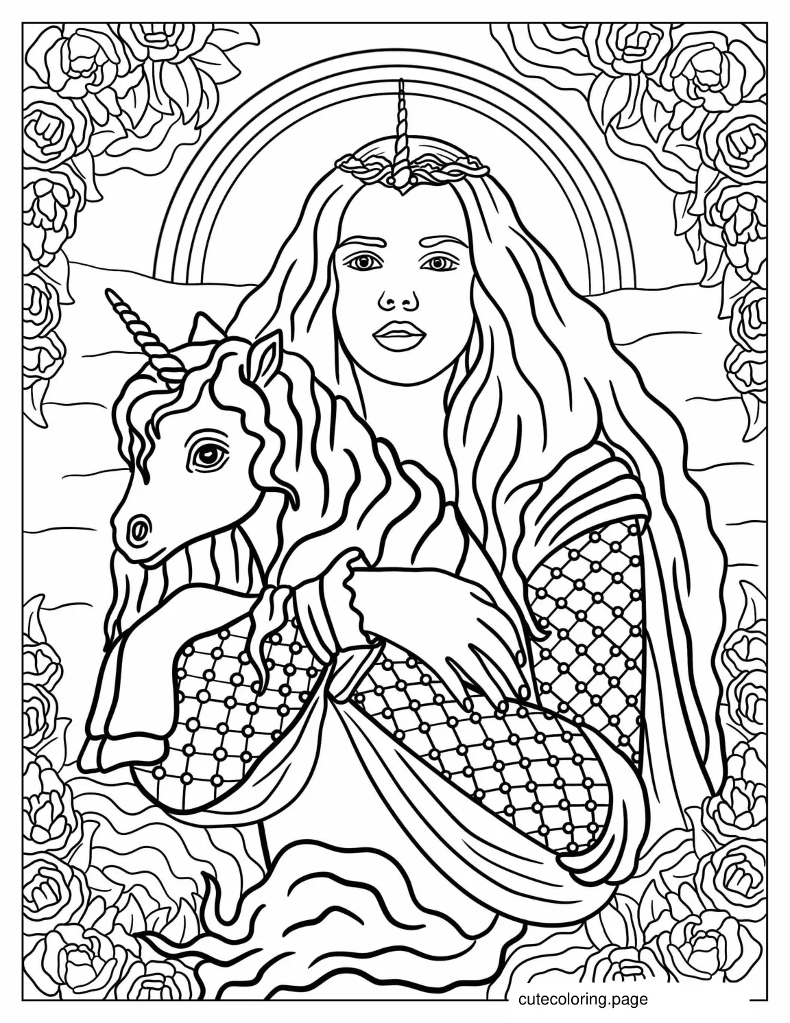 Detailed Mythical Fairy Holding a Baby Unicorn coloring page