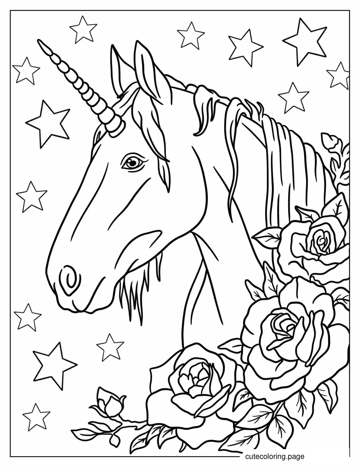 Detailed Unicorn Face With Long Horn To Color coloring page