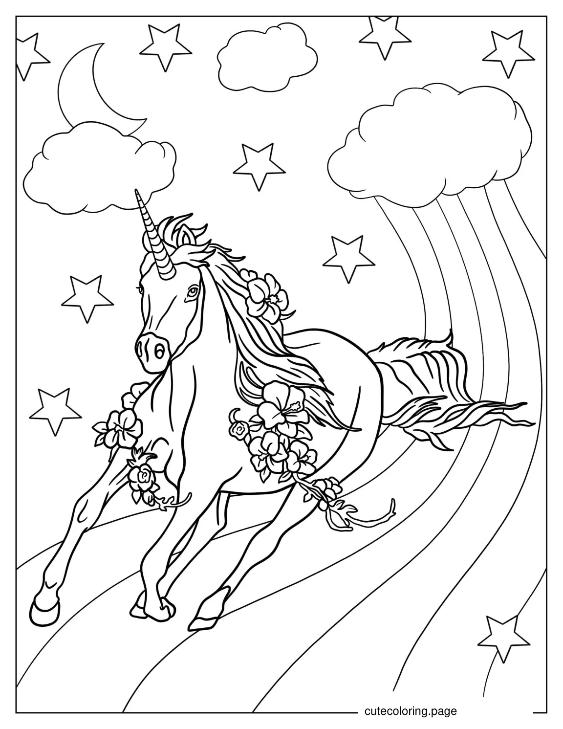 Galloping Unicorn On Rainbow To Color For Adults coloring page