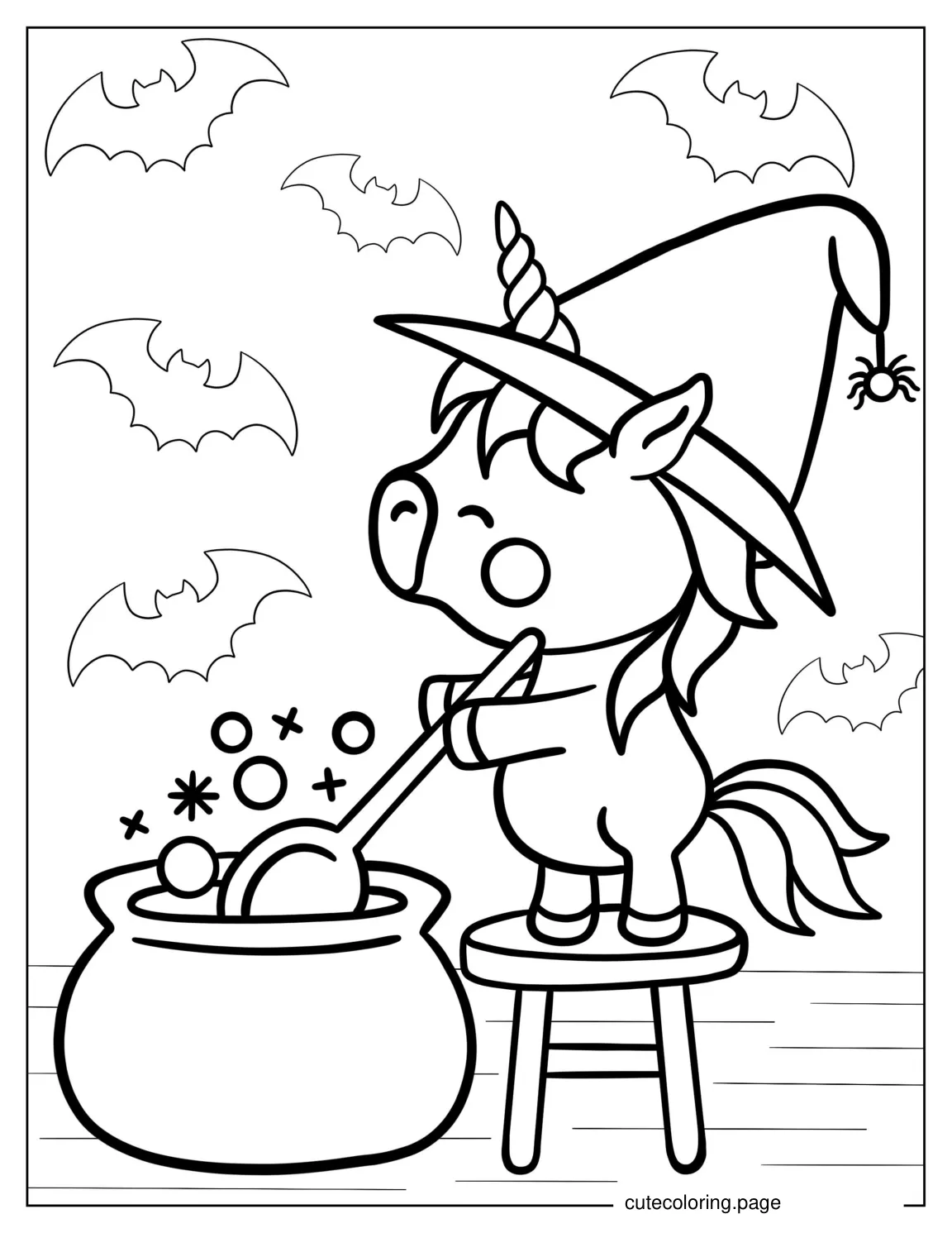 Halloween Unicorn With Witches Cauldron To Color coloring page