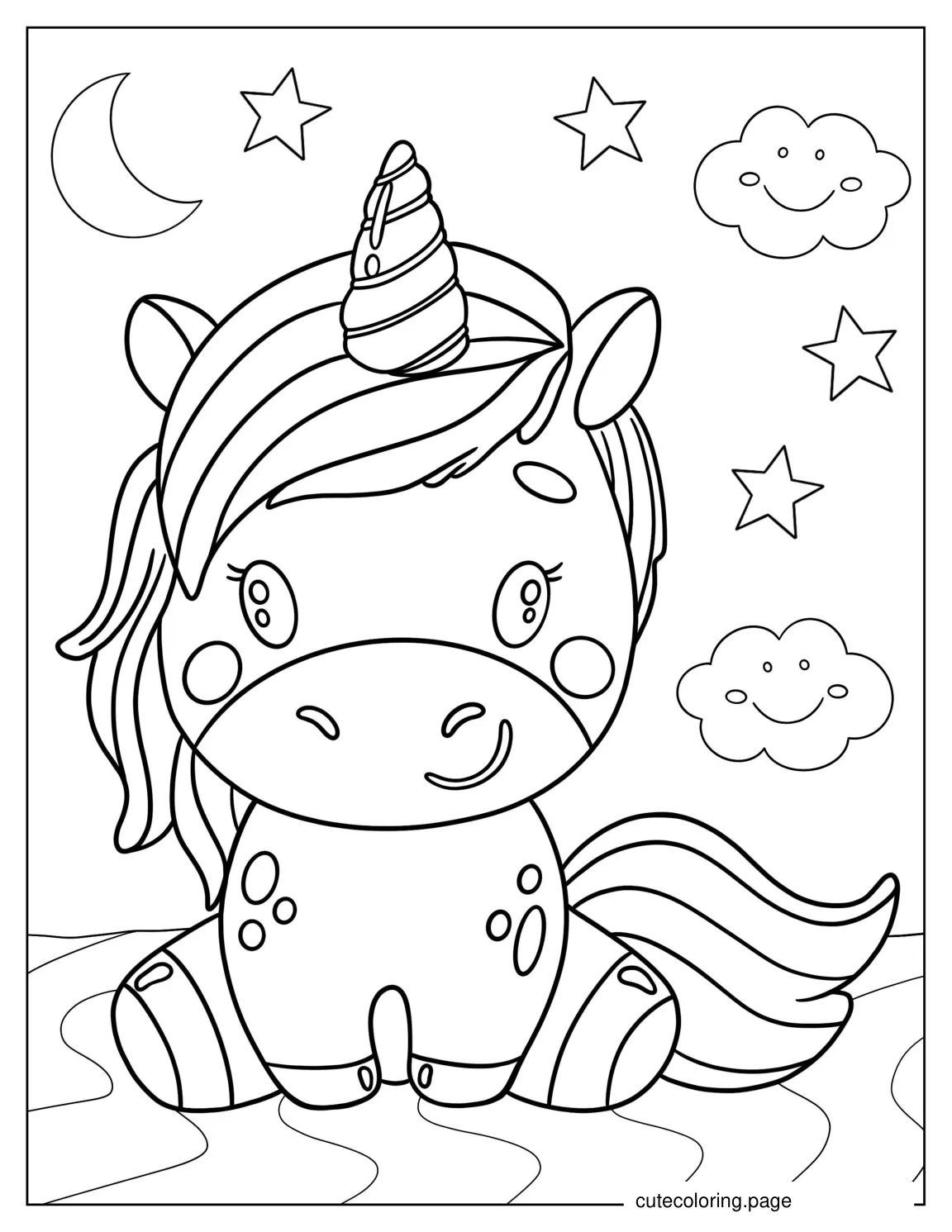 Loveable Unicorn With The Moon And Stars coloring page