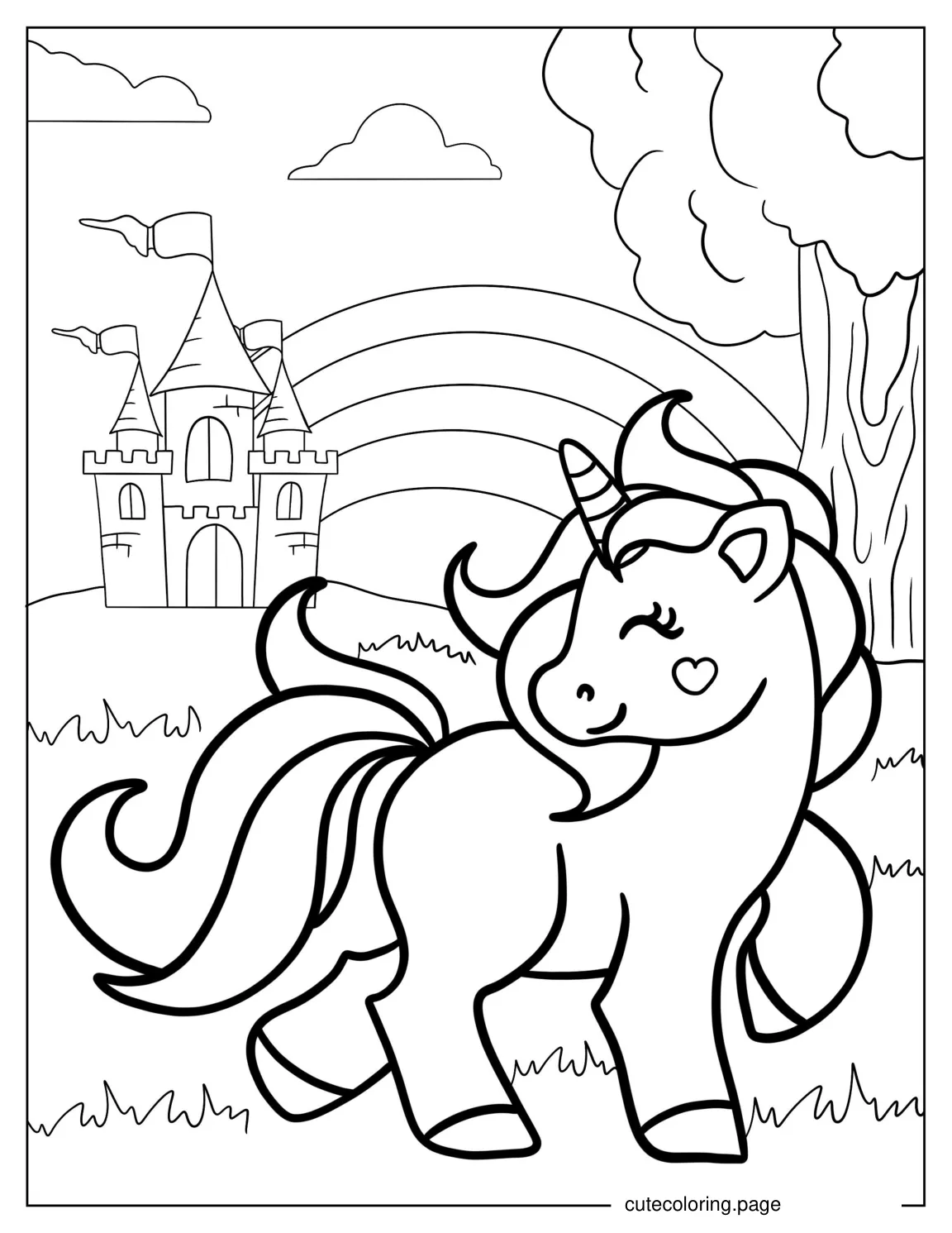 Magical Unicorn With Castle To Color coloring page