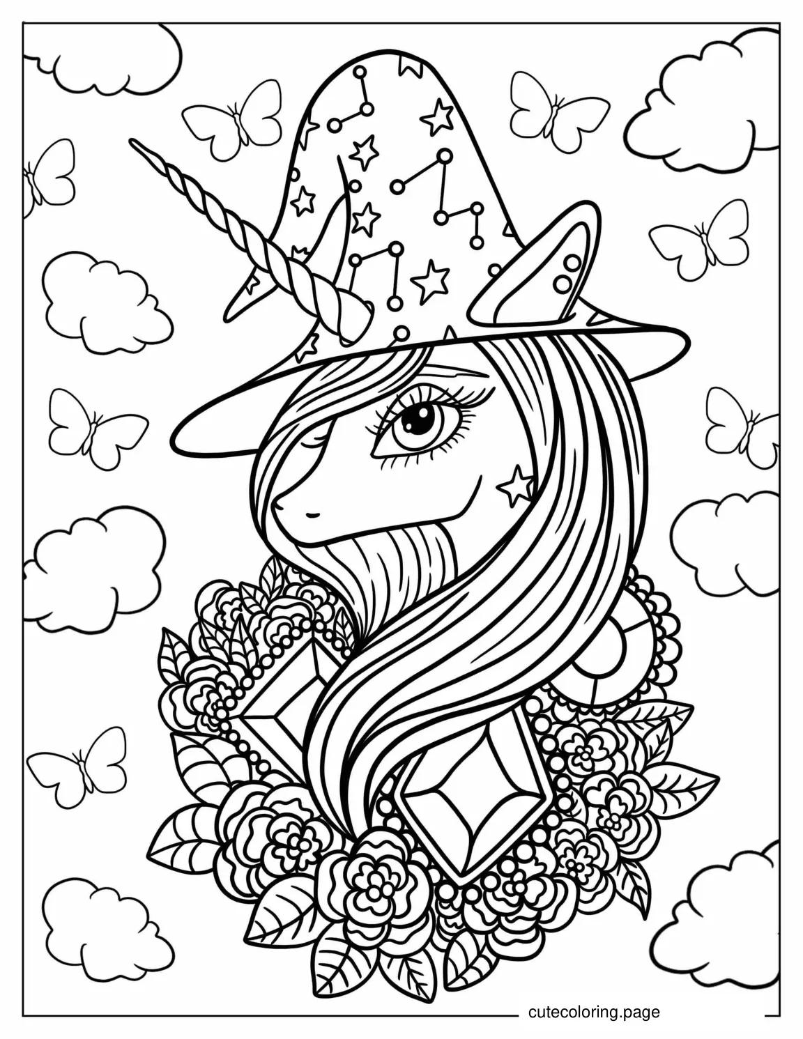 Magical Unicorn With Witches Hat and Gems coloring page