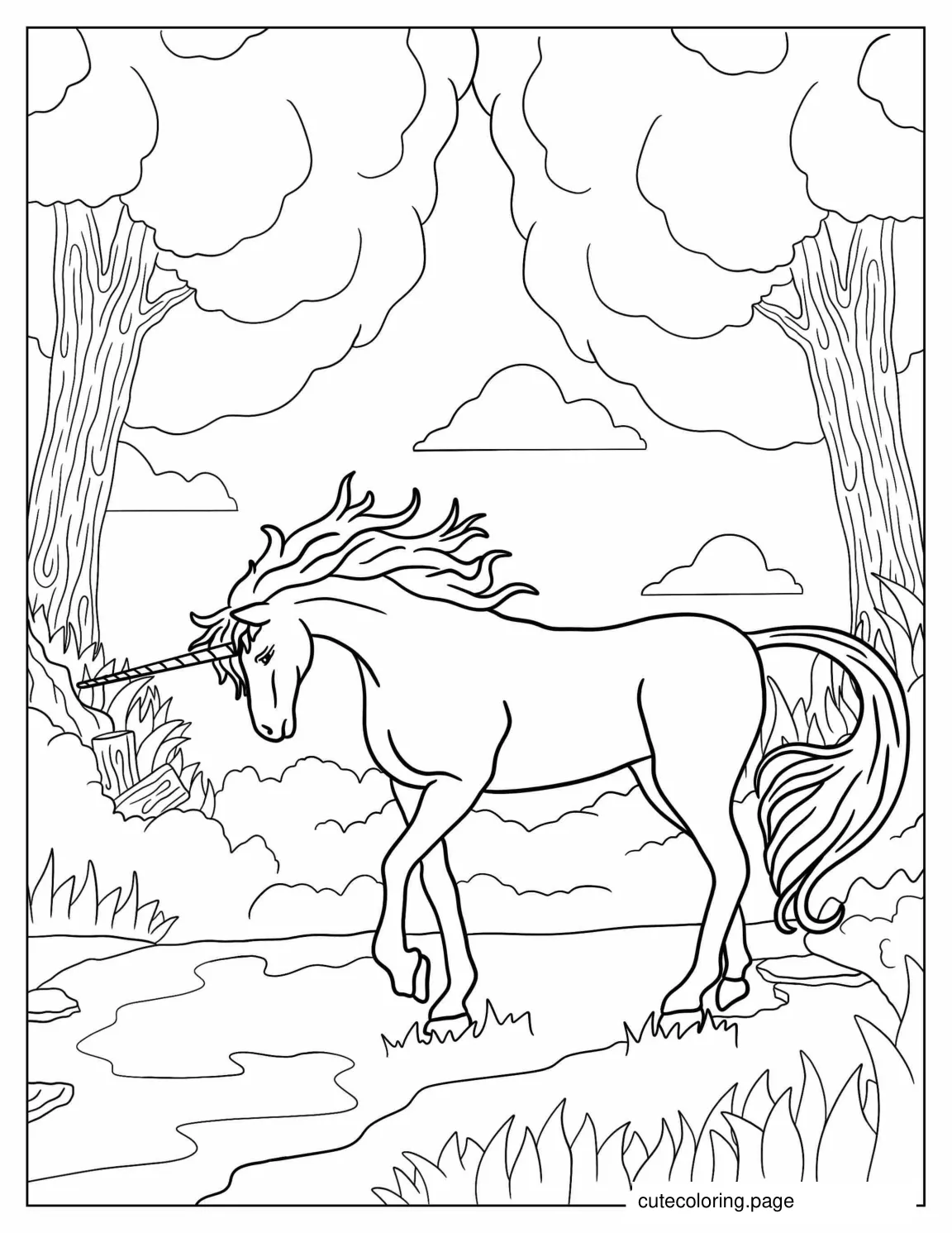 Mythical Unicorn In Forest Coloring Page coloring page