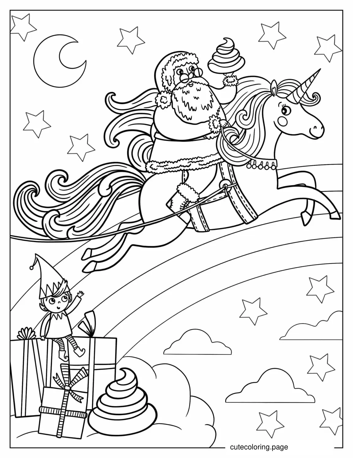 Santa Riding a Unicorn With Elf Coloring Page coloring page