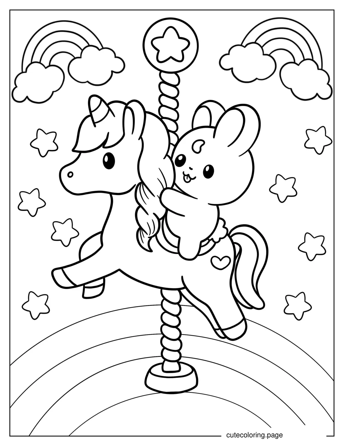 Super Cute Bunny And Unicorn On a Circus Ride coloring page