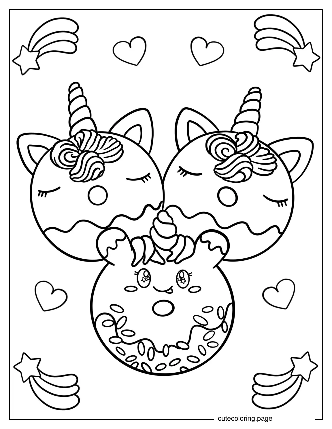 Three Cute Kawaii Unicorn Donuts To Color coloring page