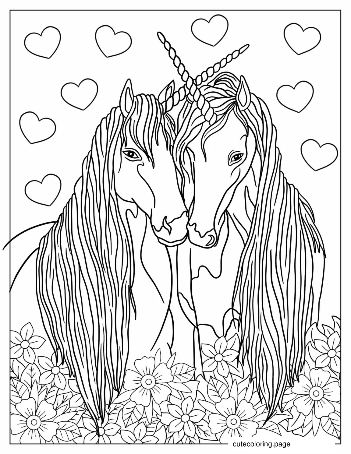 Two Detailed Unicorns Embracing Coloring Sheet coloring page