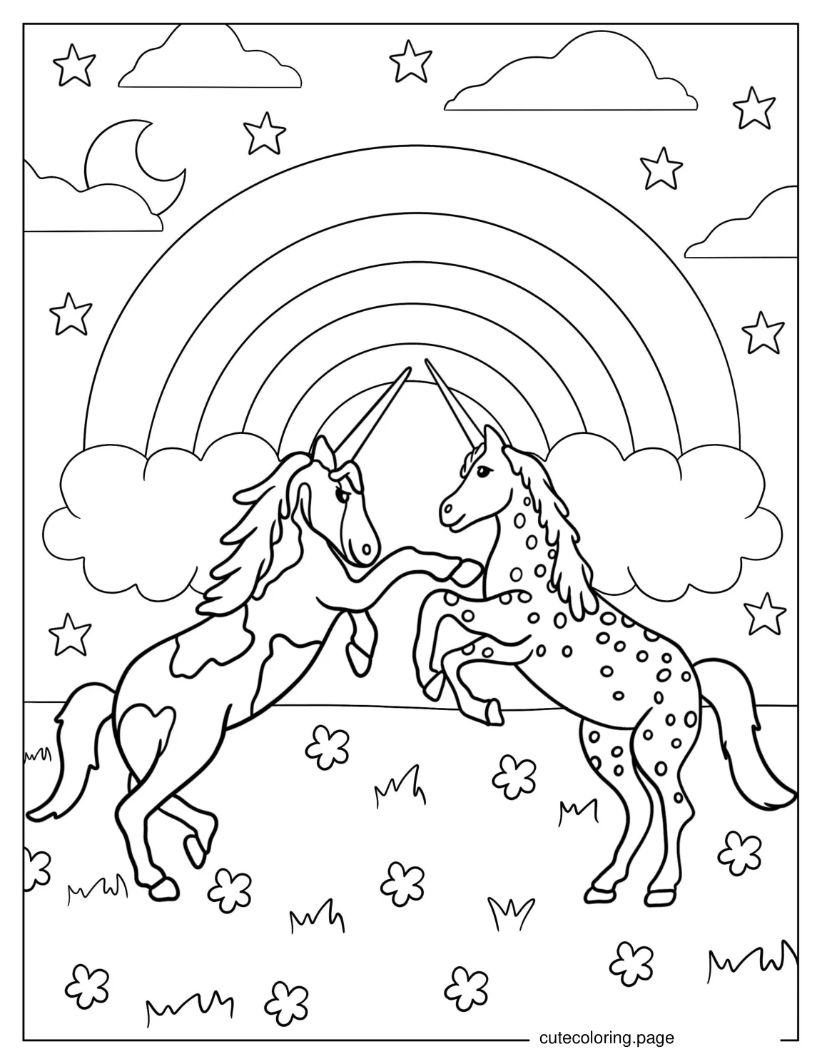 Two Unicorns Playing Together In Field Of Rainbows coloring page