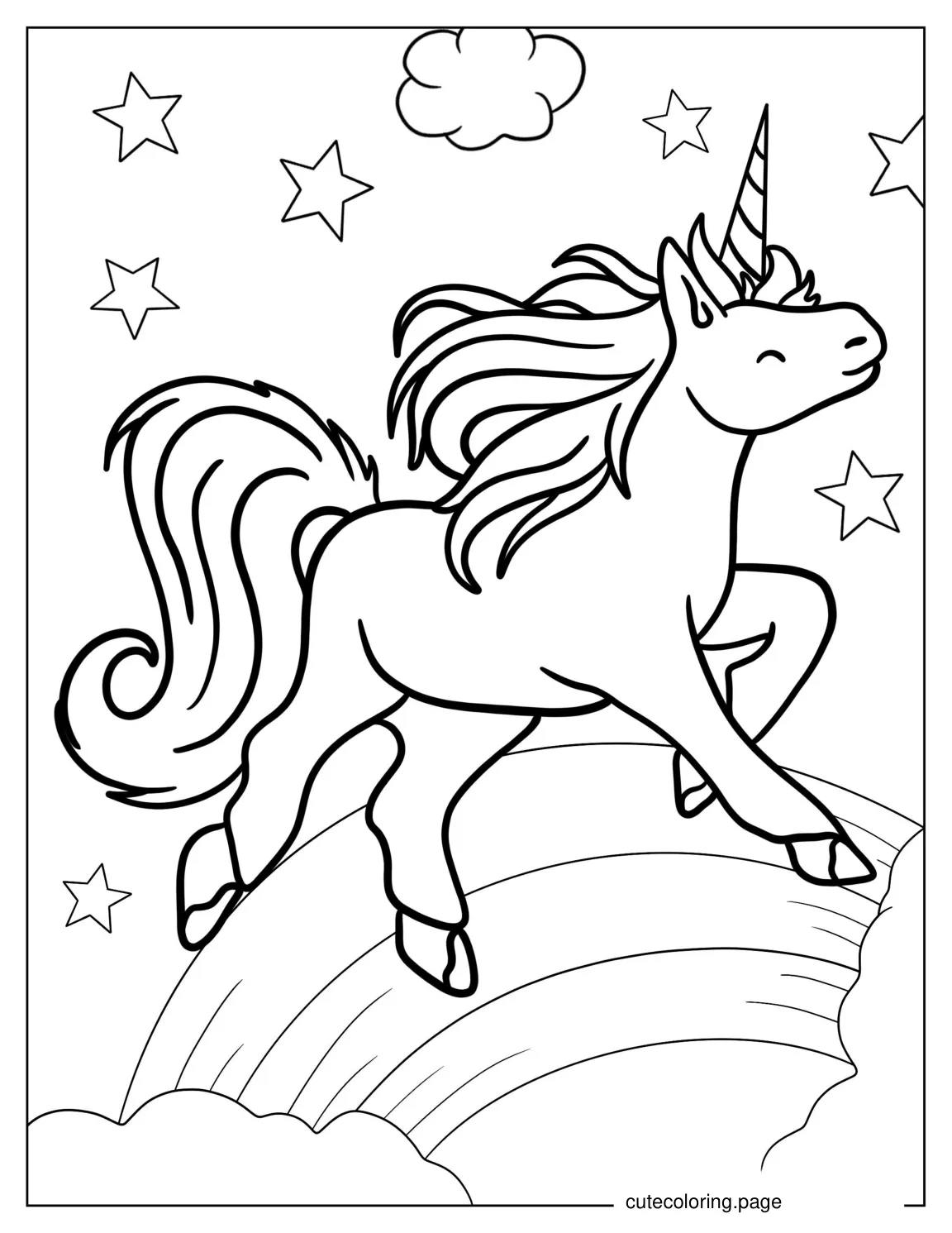 Unicorn Creature Jumping Over Rainbow To Color coloring page