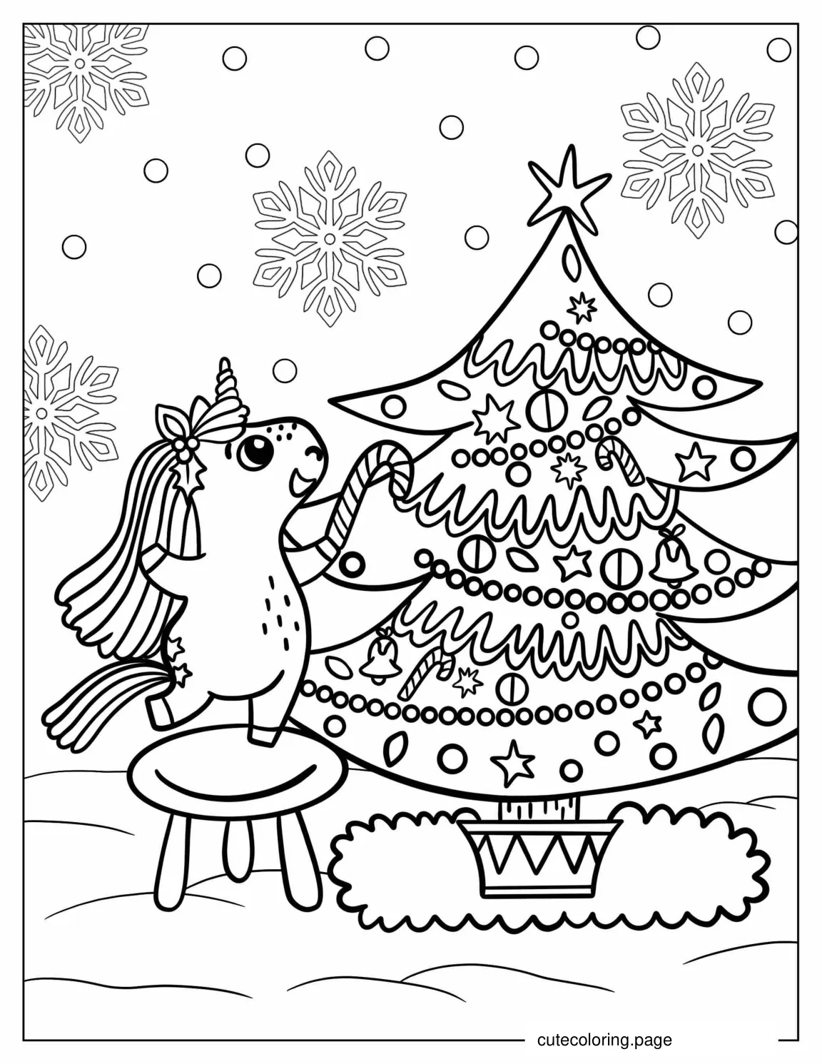 Unicorn Decorating a Christmas Tree Coloring Page coloring page