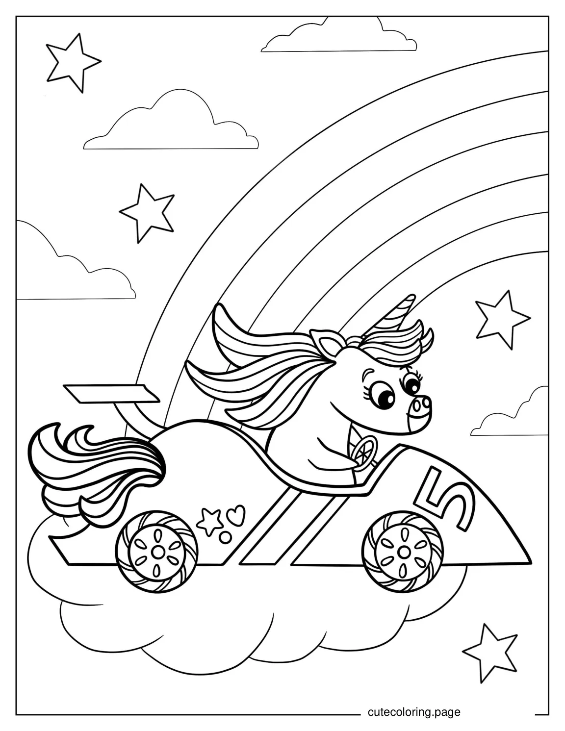 Unicorn In a Race Car Coloring Sheet coloring page