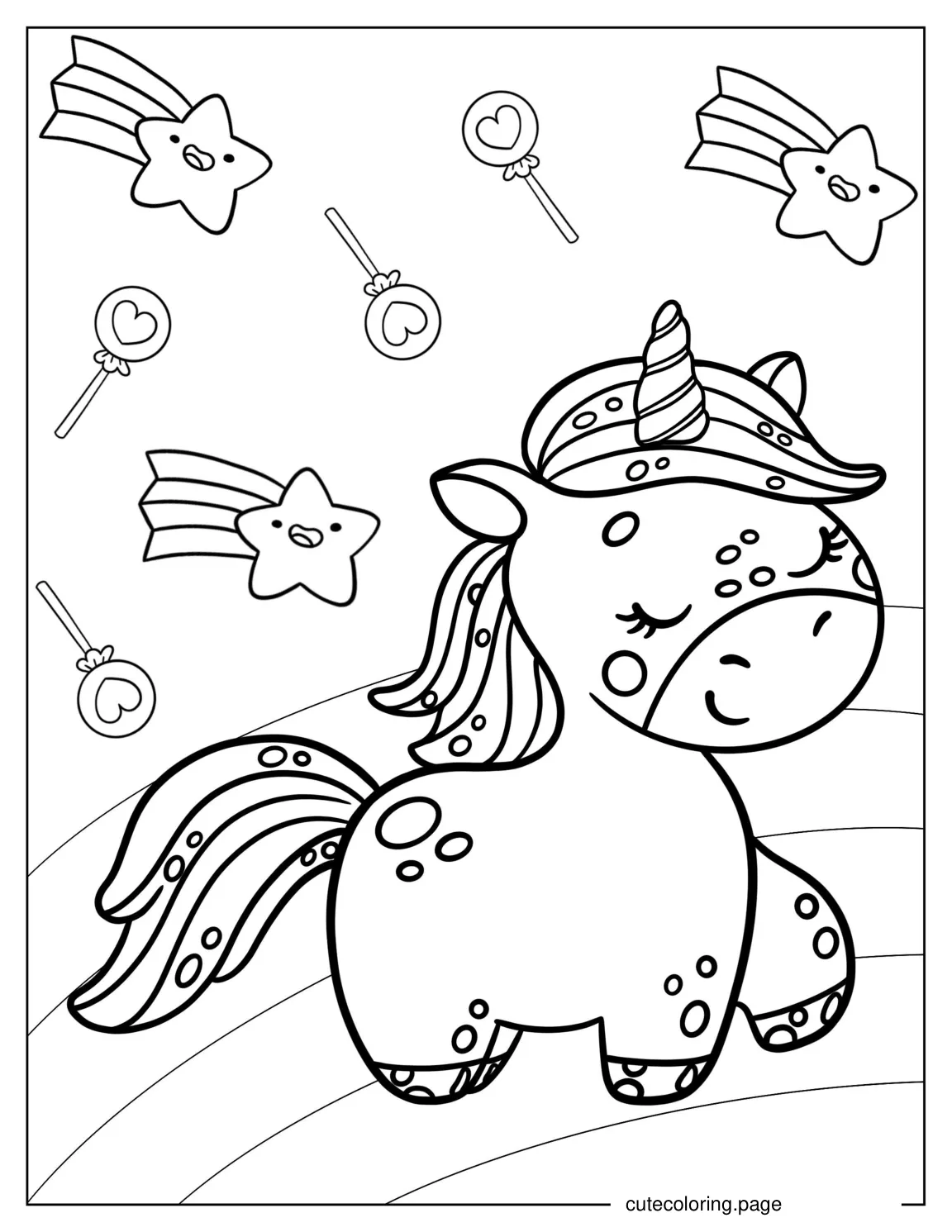 Unicorn On Rainbow With Stars And Candy coloring page