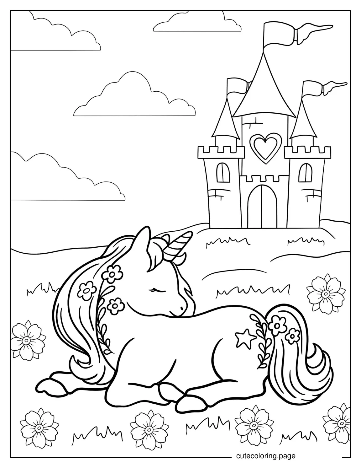 Unicorn Sitting In Field Of Flowers coloring page