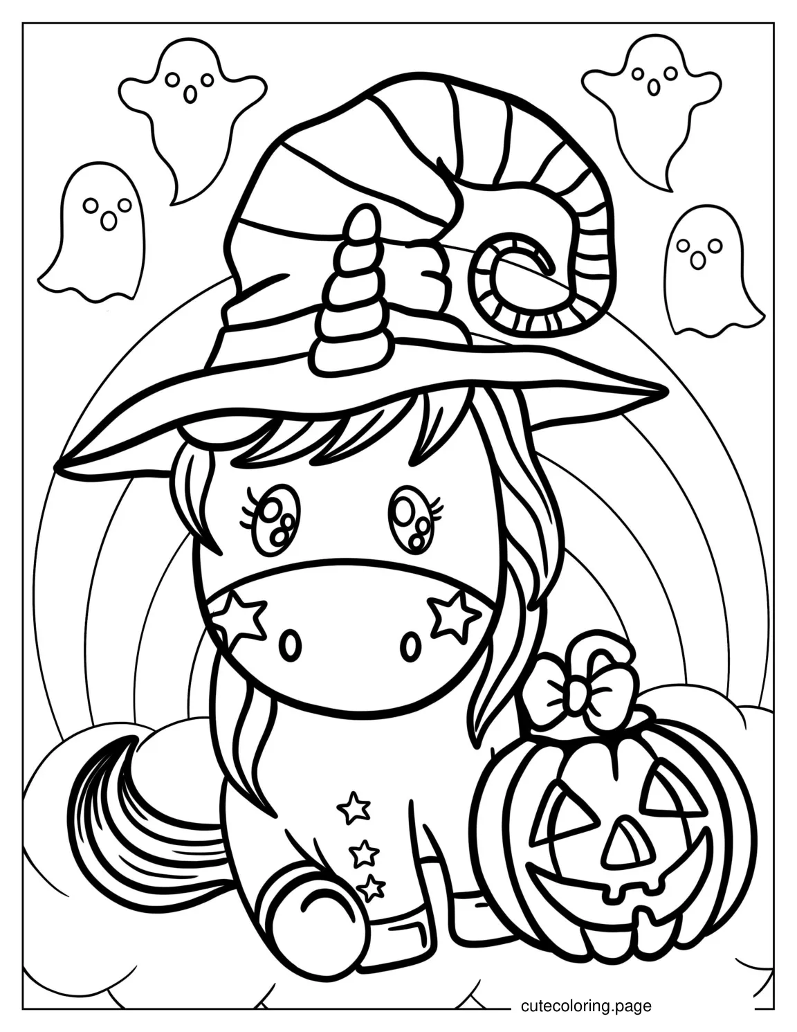 Unicorn Wearing a Witches Hat For Halloween To Color coloring page